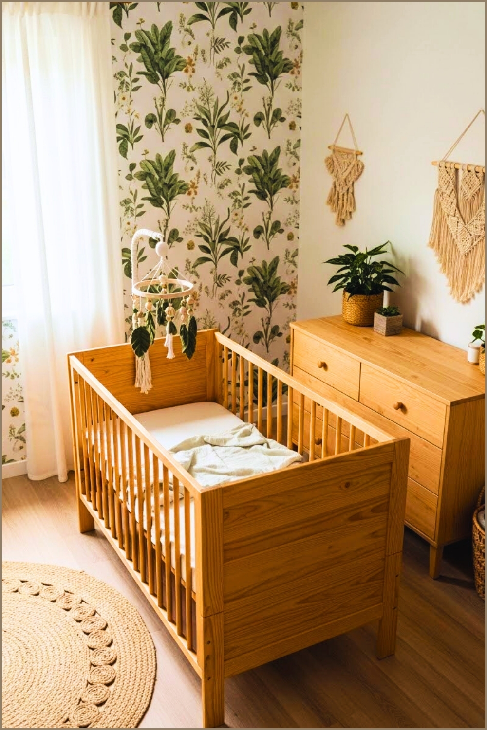 Nursery With Leafy Botanical Wallpaper, Natural Pine Wooden