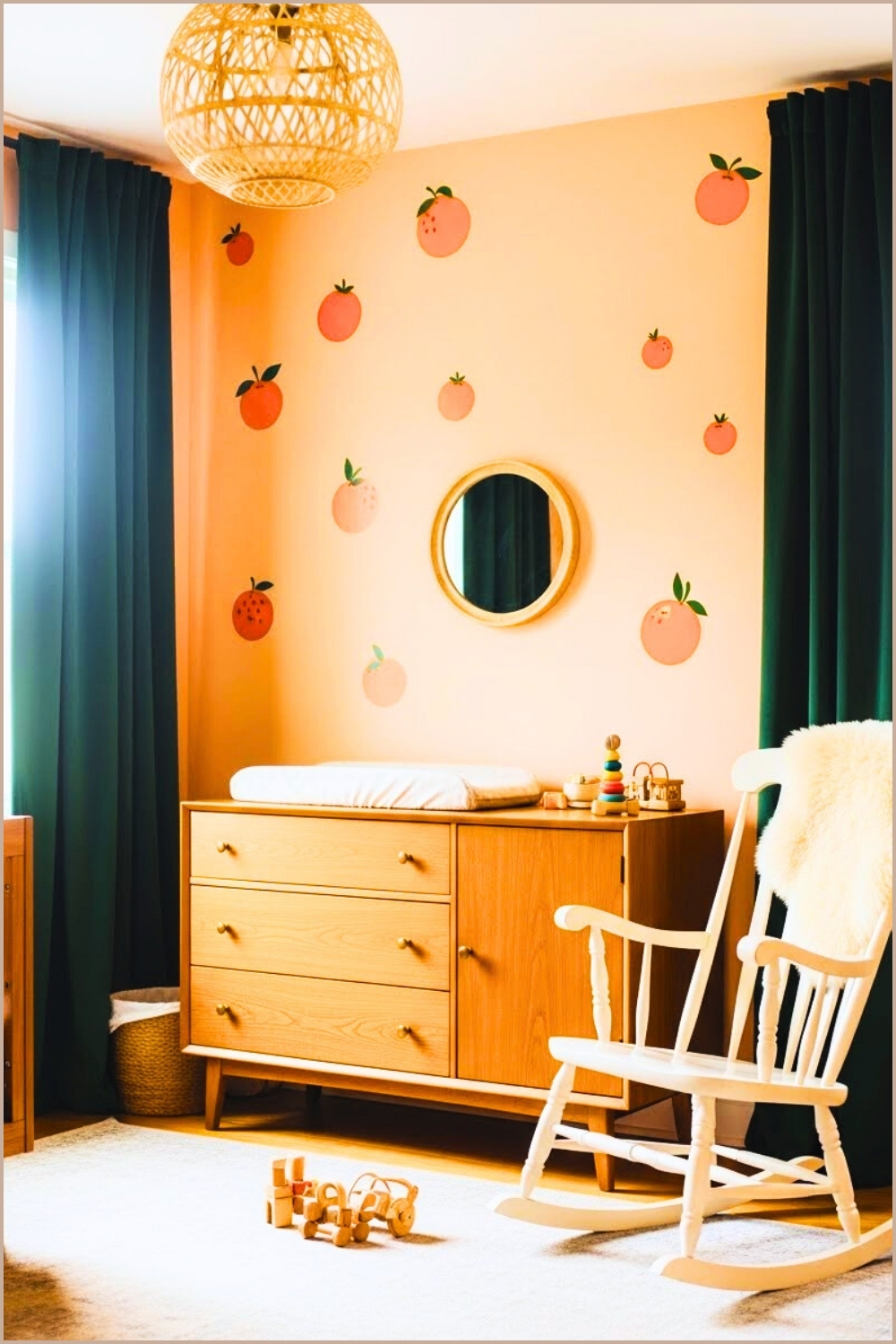 Nursery With Peach Wall Decals Of Oranges, Deep Emerald Curtains