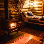 Old Log Cabin Living Space At Night, Glowing Wood Stove