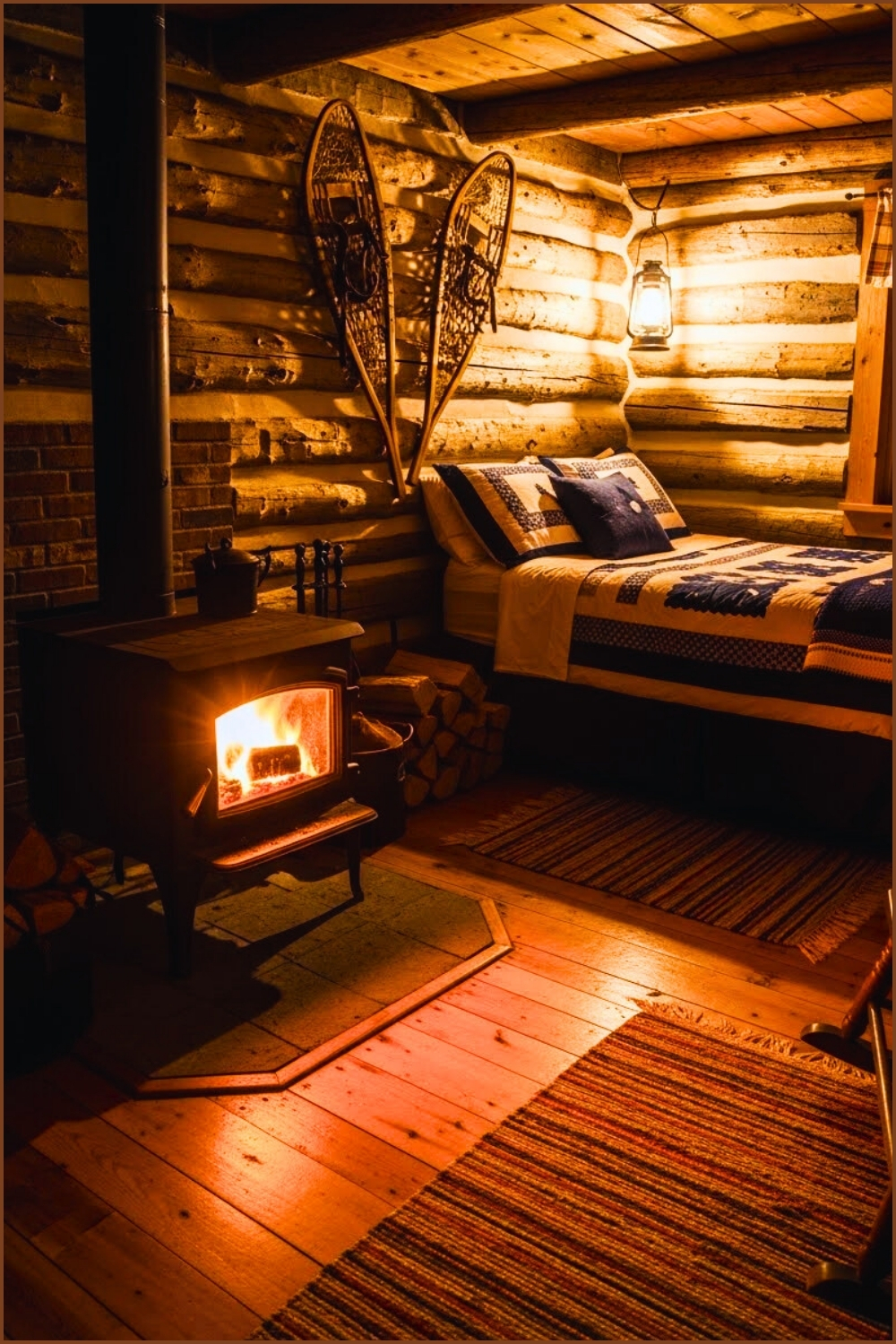 Old Log Cabin Living Space At Night, Glowing Wood Stove