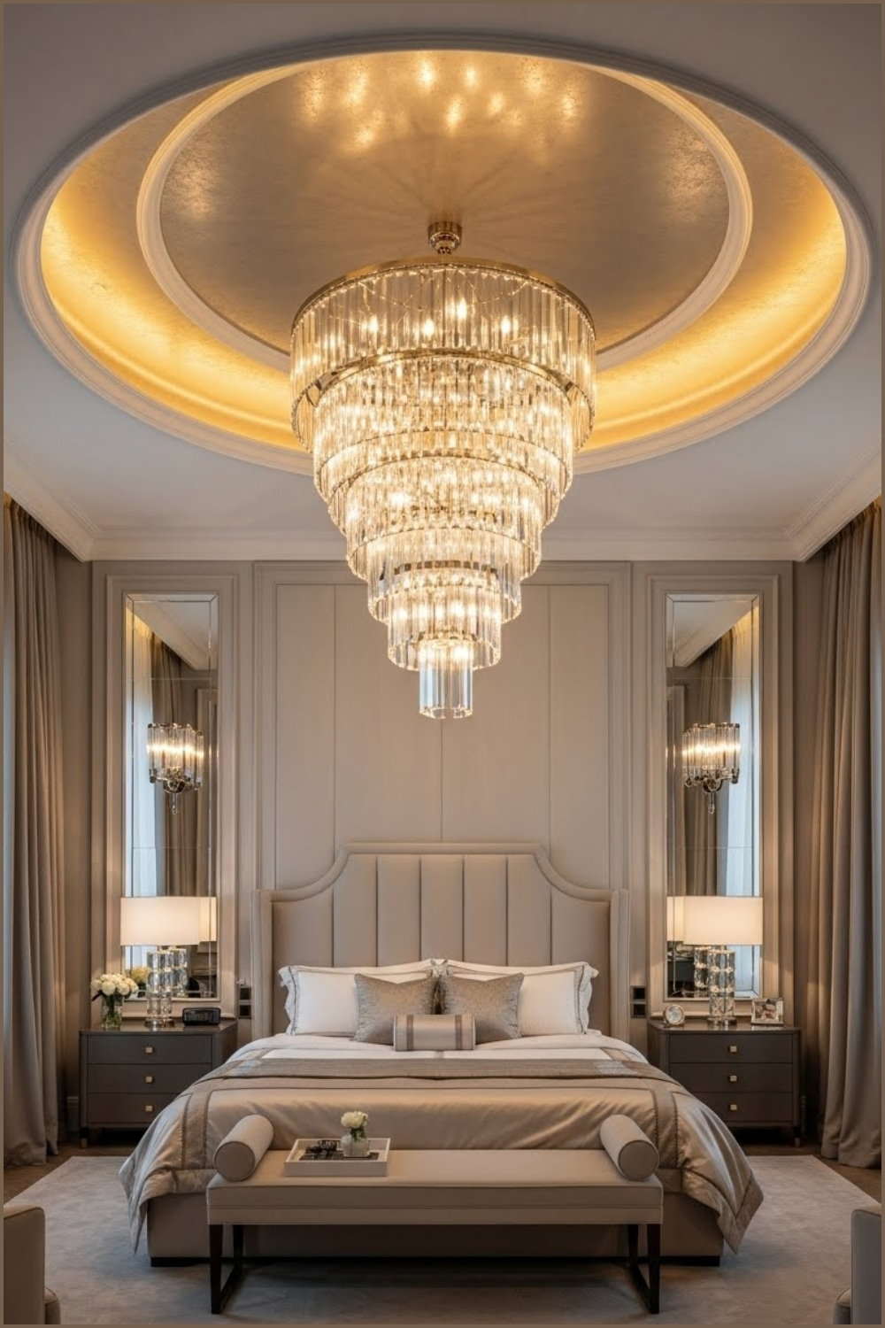 Opulent Luxury Bedroom With A Soaring Ceiling And A Massive