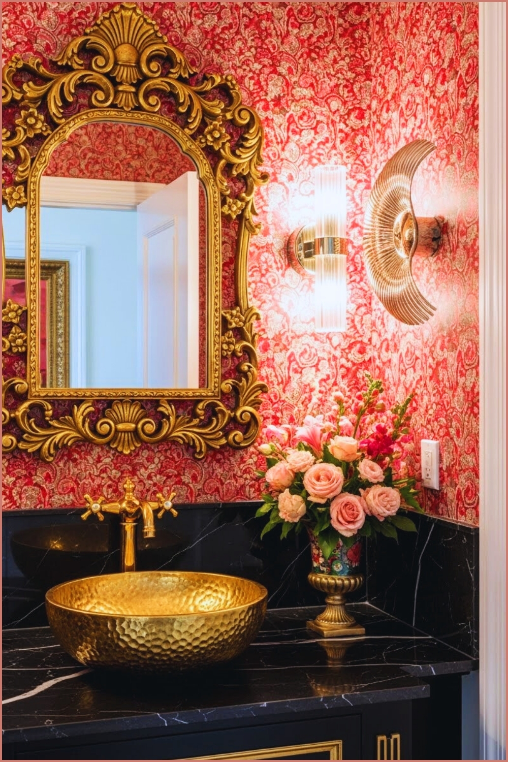 Opulent Powder Room With Rich Patterned Wallpaper