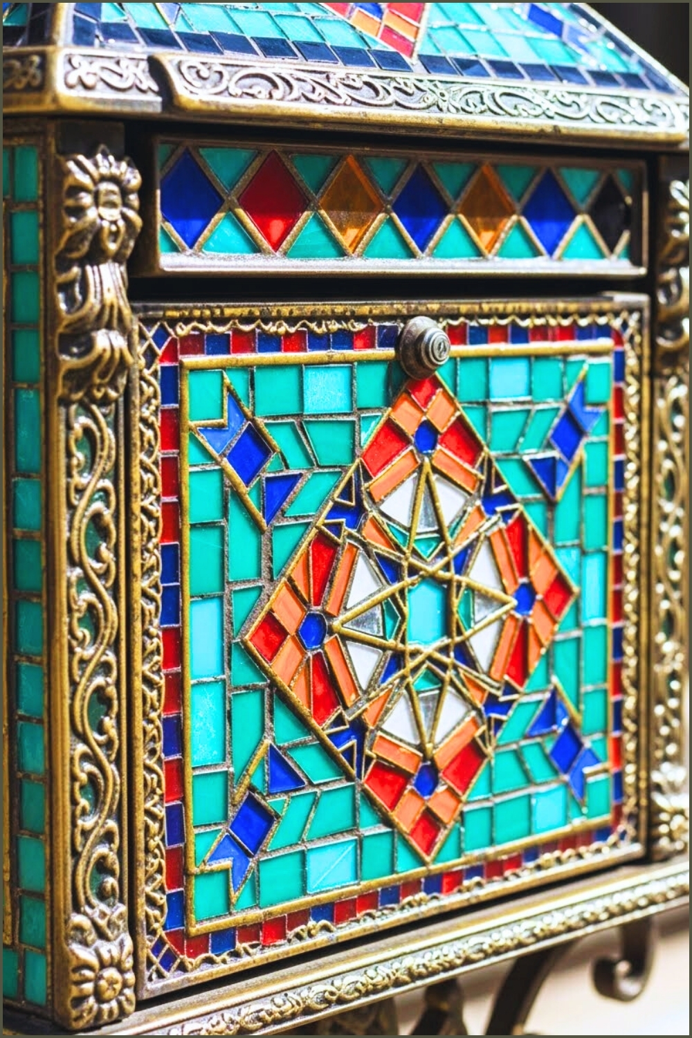 Ornate Mosaic Mailbox Covered In Colorful Stained Glass