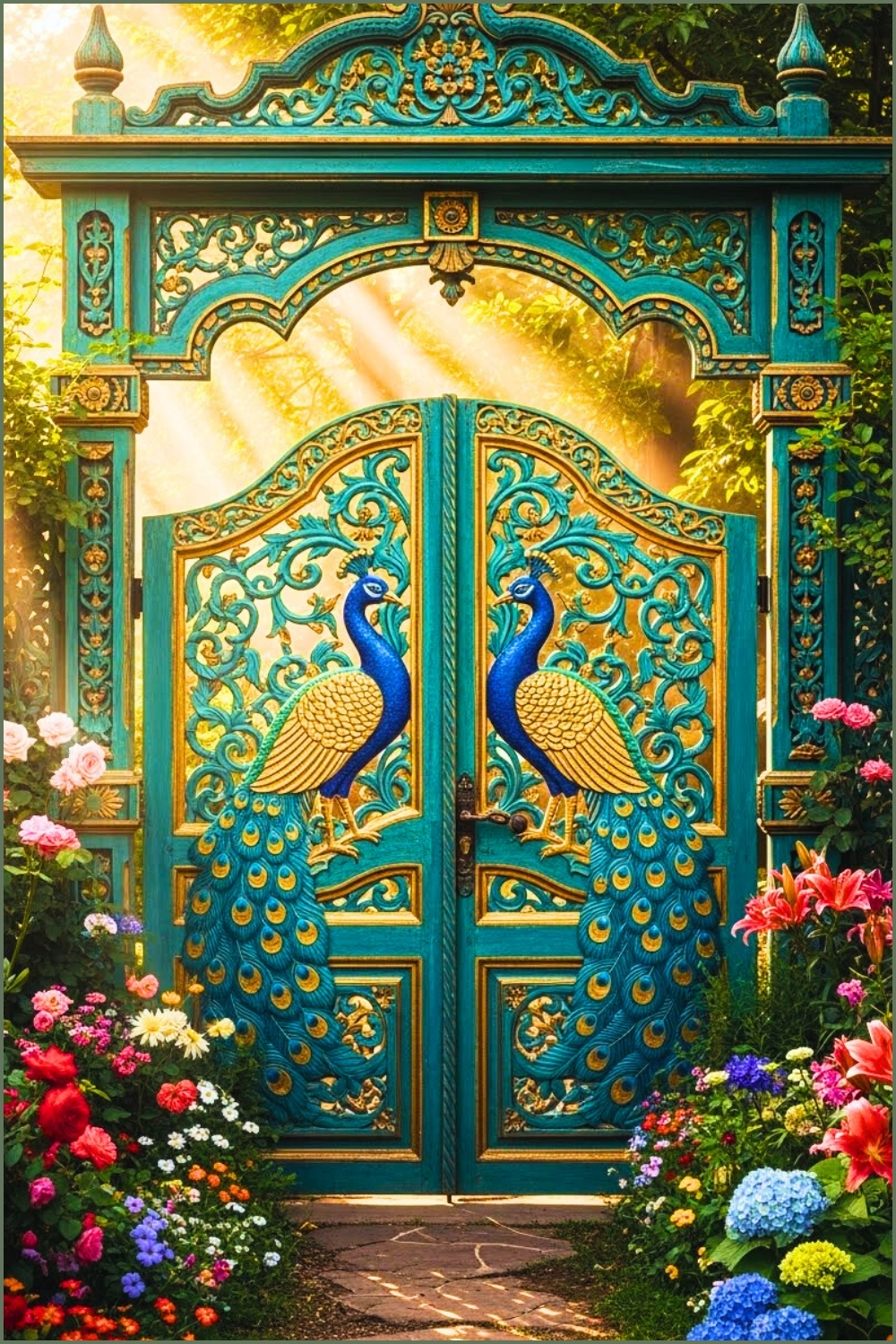 Ornate Teal Gate With Two Majestic Peacocks Painted