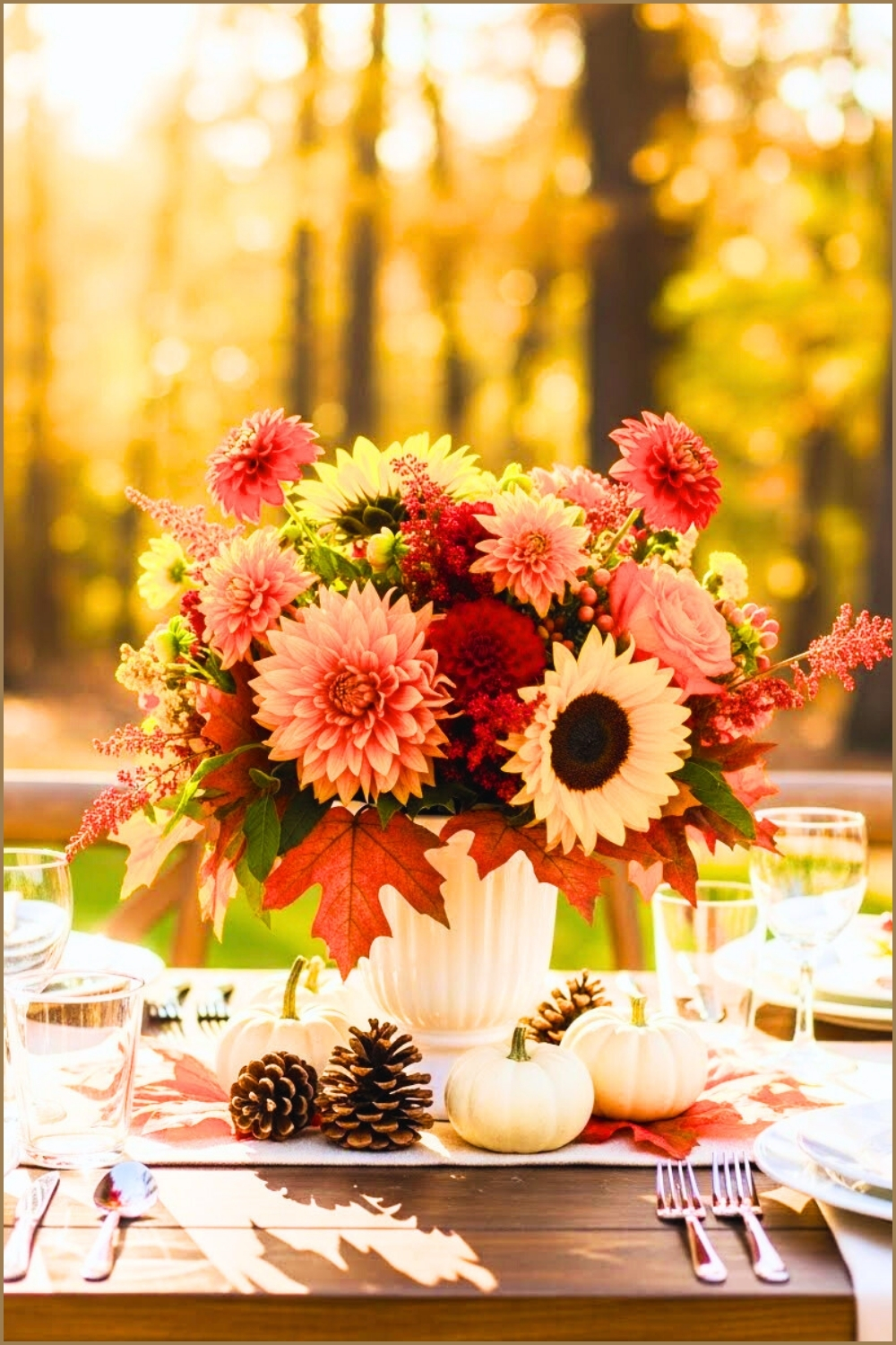 Outdoor Autumn Tablescape, Vibrant Bouquet With Orange