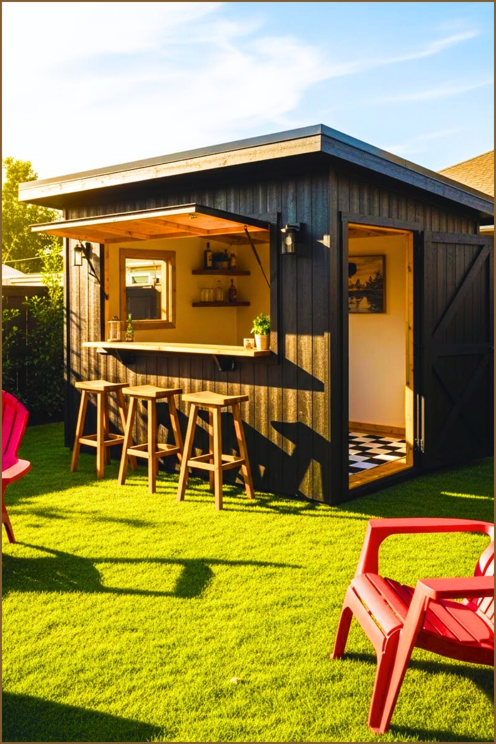 Outdoor Backyard Bar Shed, Black Wooden Exterior, Open Serving