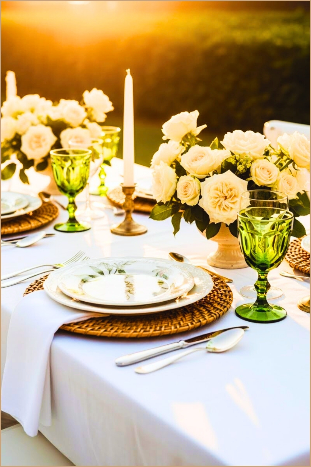 Outdoor Dinner Table With Green Vintage Goblets Botanical Dinner Plates