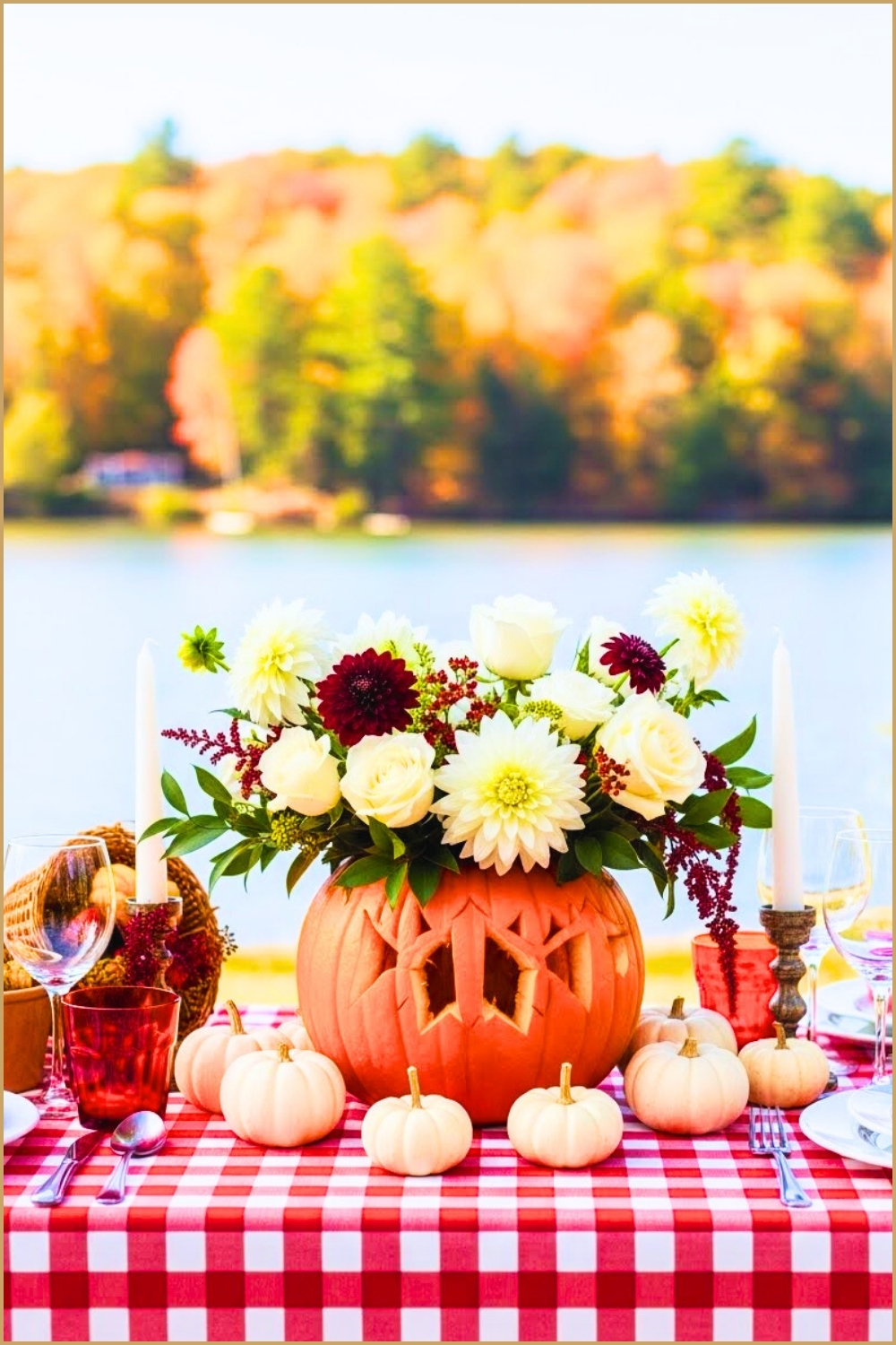 Outdoor Fall Dinner Table Beside Lake, Pumpkin Vase Filled