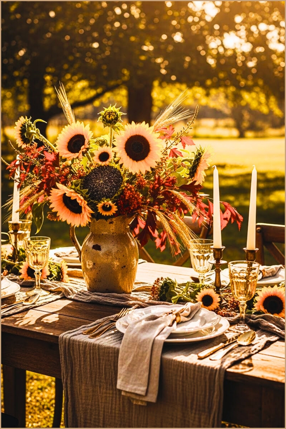 Outdoor Fall Tablescape With Sunflower Floral Arrangement