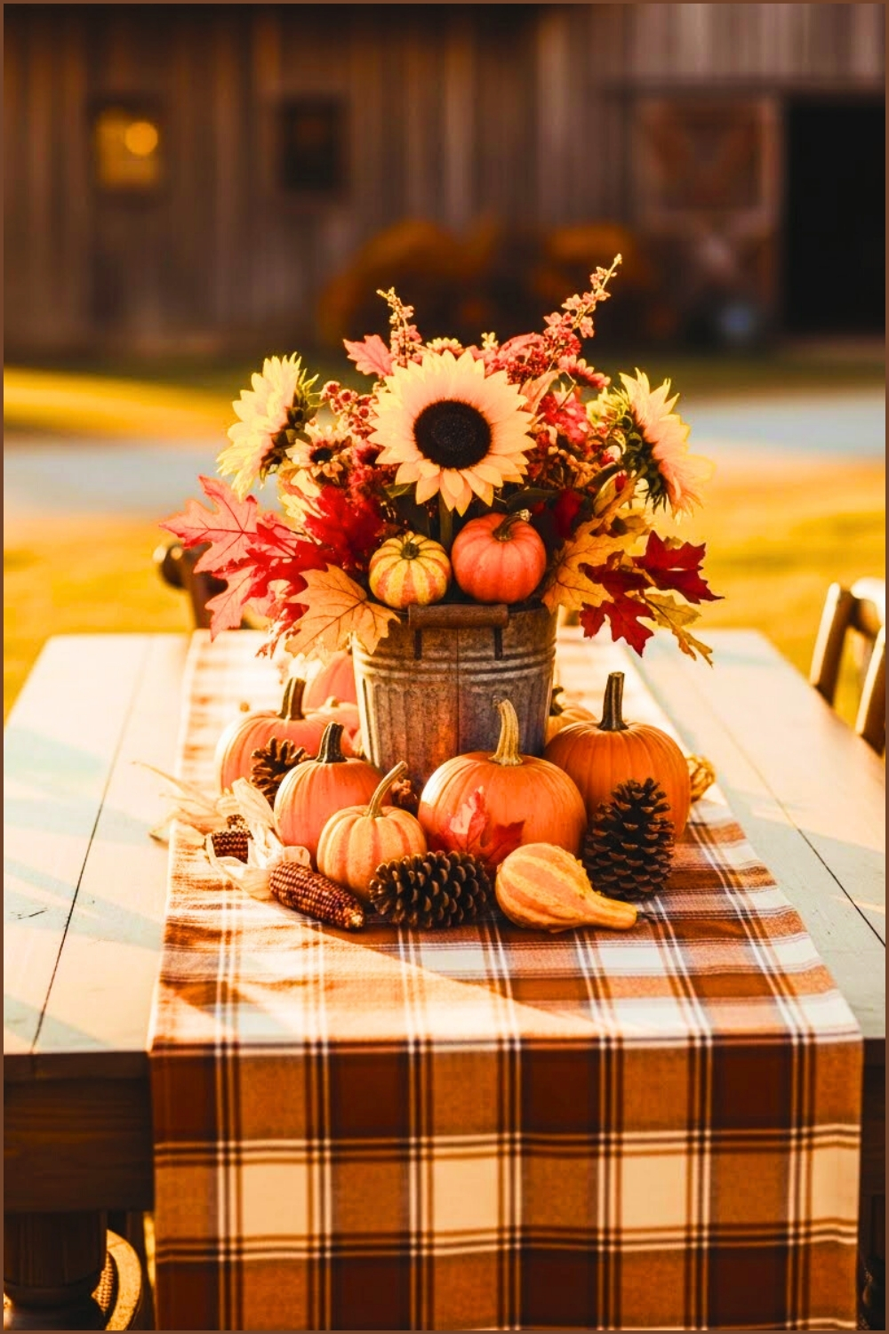 Outdoor Farmhouse Tablescape With Plaid Tablecloth