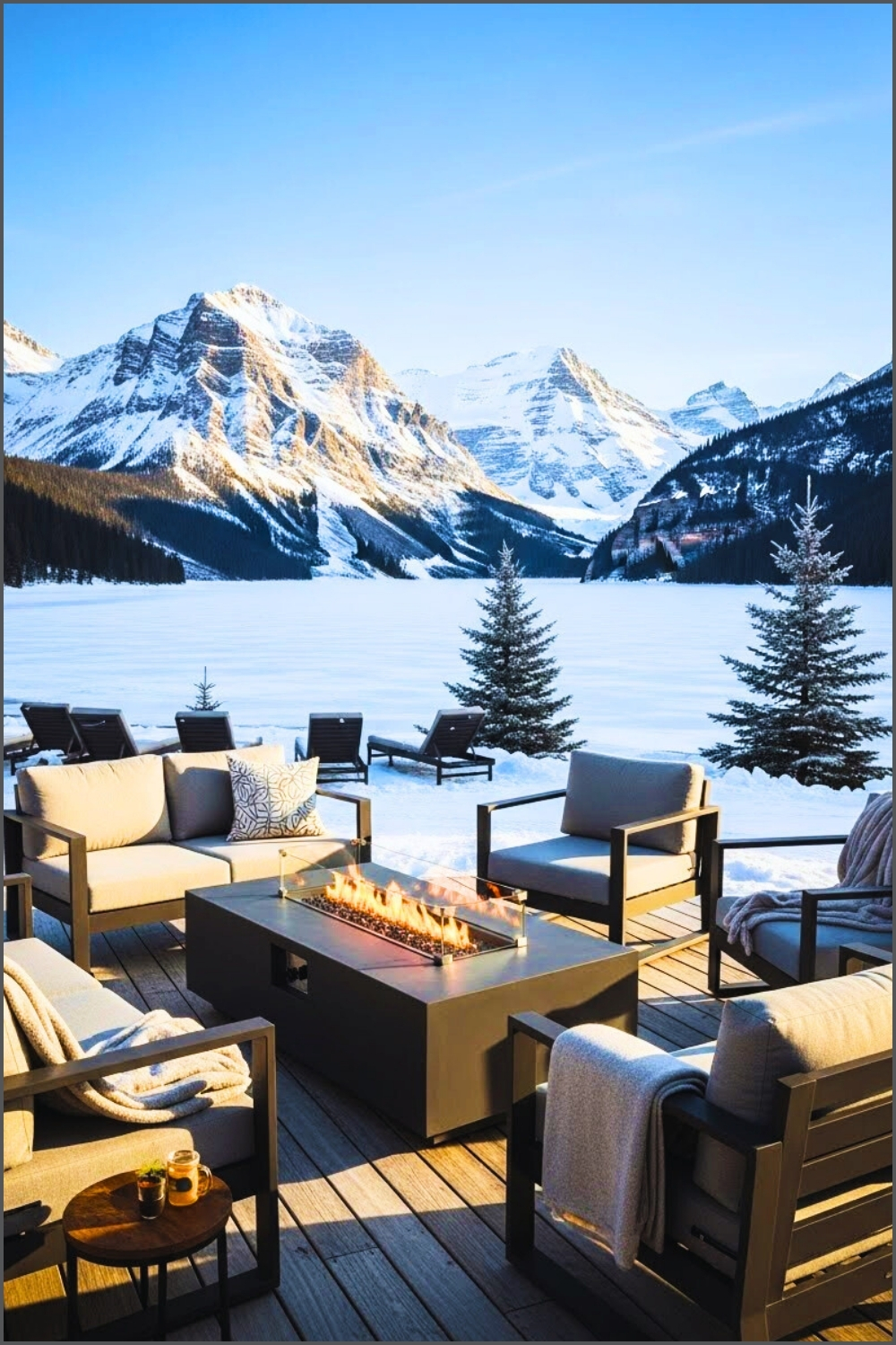 Outdoor Lounge Seating On Wooden Deck, Fire Pit Table With Glowing