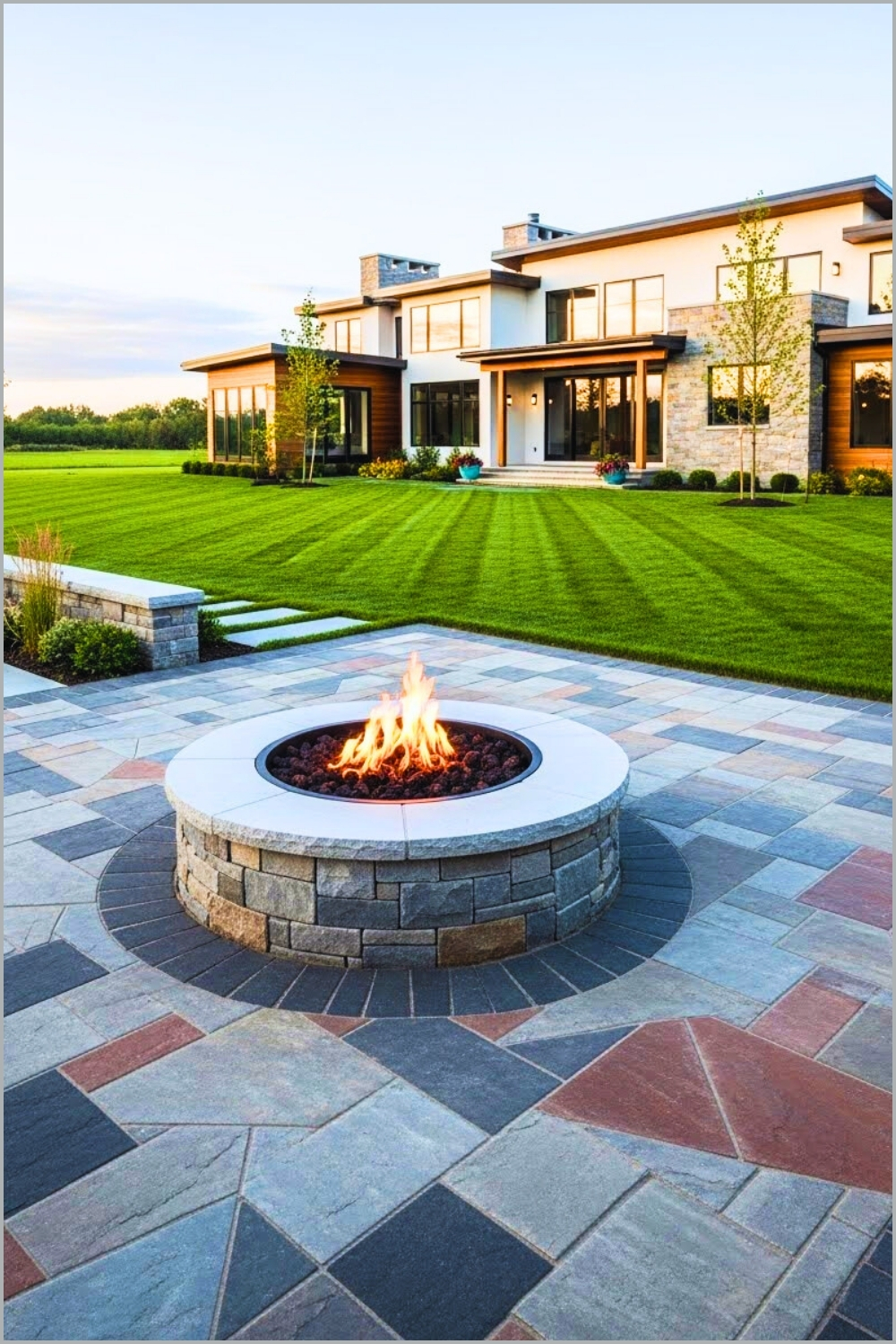 Outdoor Stone Firepit Circle With Black Adirondack Chairs
