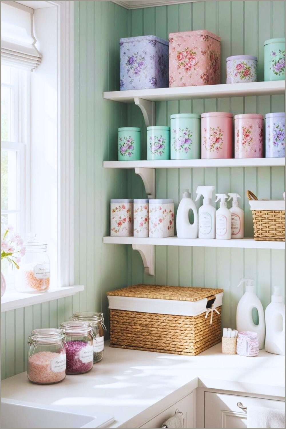Pastel Cottage Style Laundry Room With Open Wchite Shelves