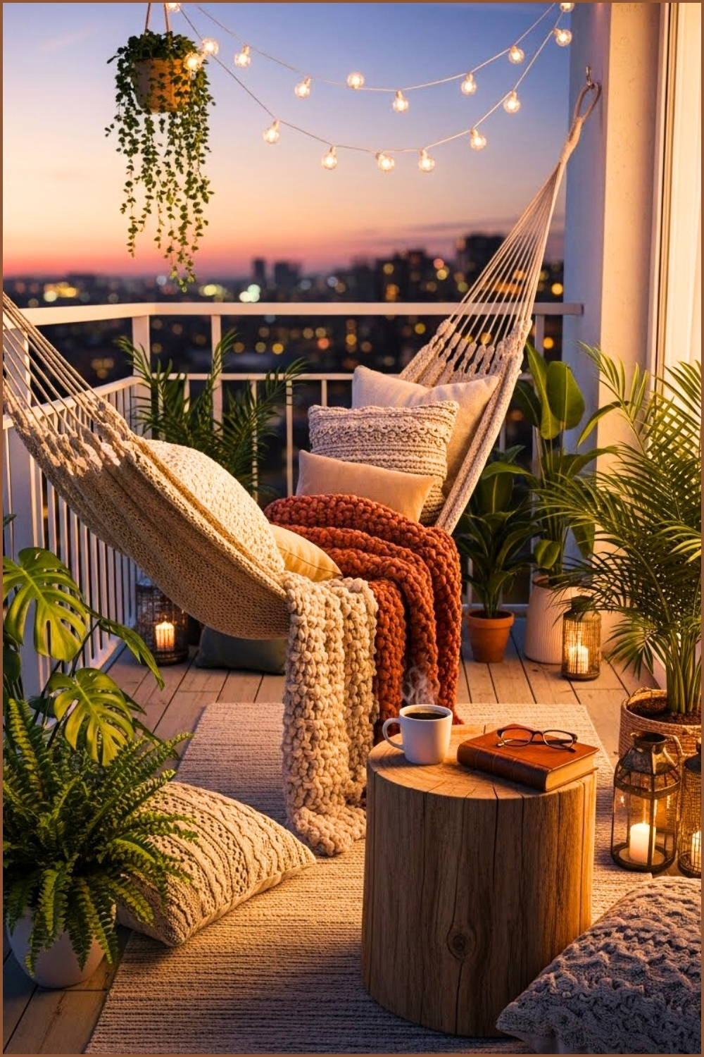 Peaceful Balcony With Hanging Hammock, Knitted Blankets