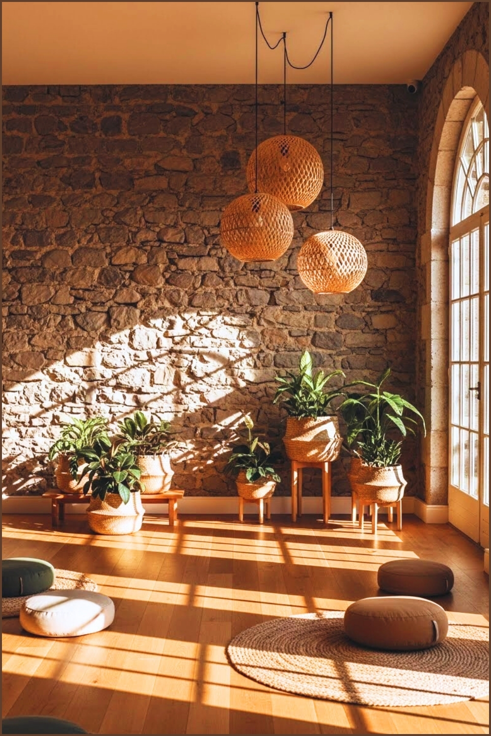 Peaceful Boho Yoga Studio Rustic Textured Stone Wall