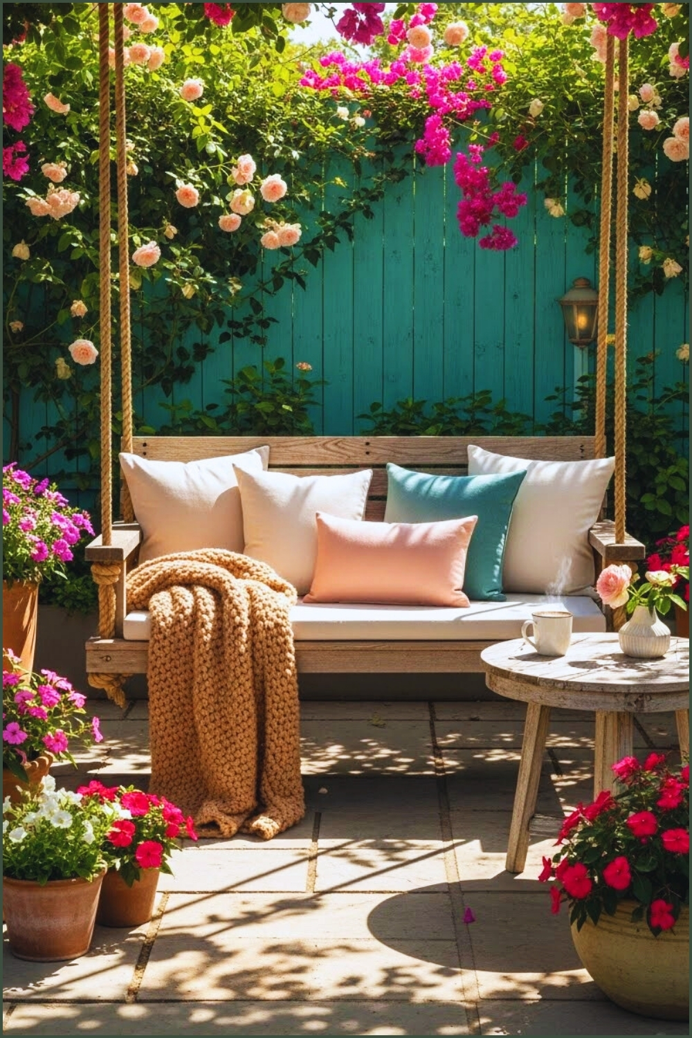 Peaceful Garden Patio With Wooden Swing Bench Suspended