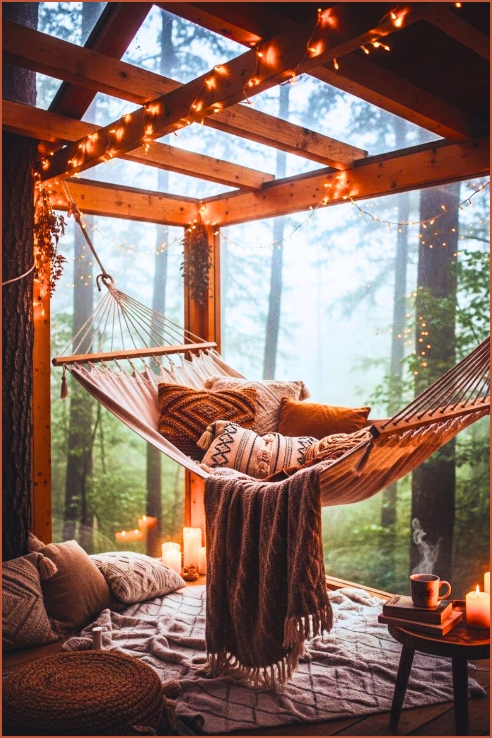 Peaceful Treehouse Interior With Hanging Hammock And Fairy String Lights