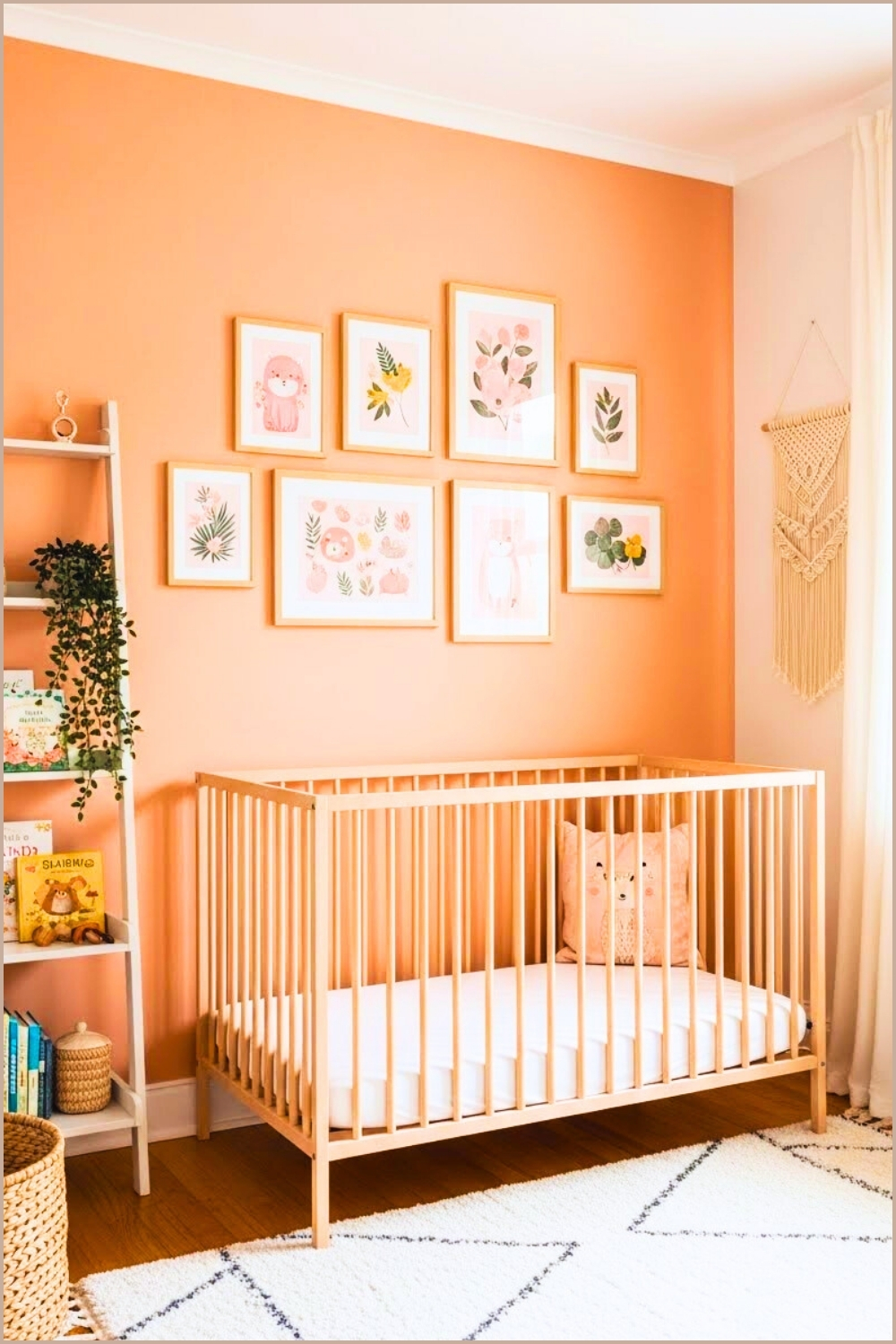 Peach Tone Nursery Wall, Wooden Crib, Botanical And Animal