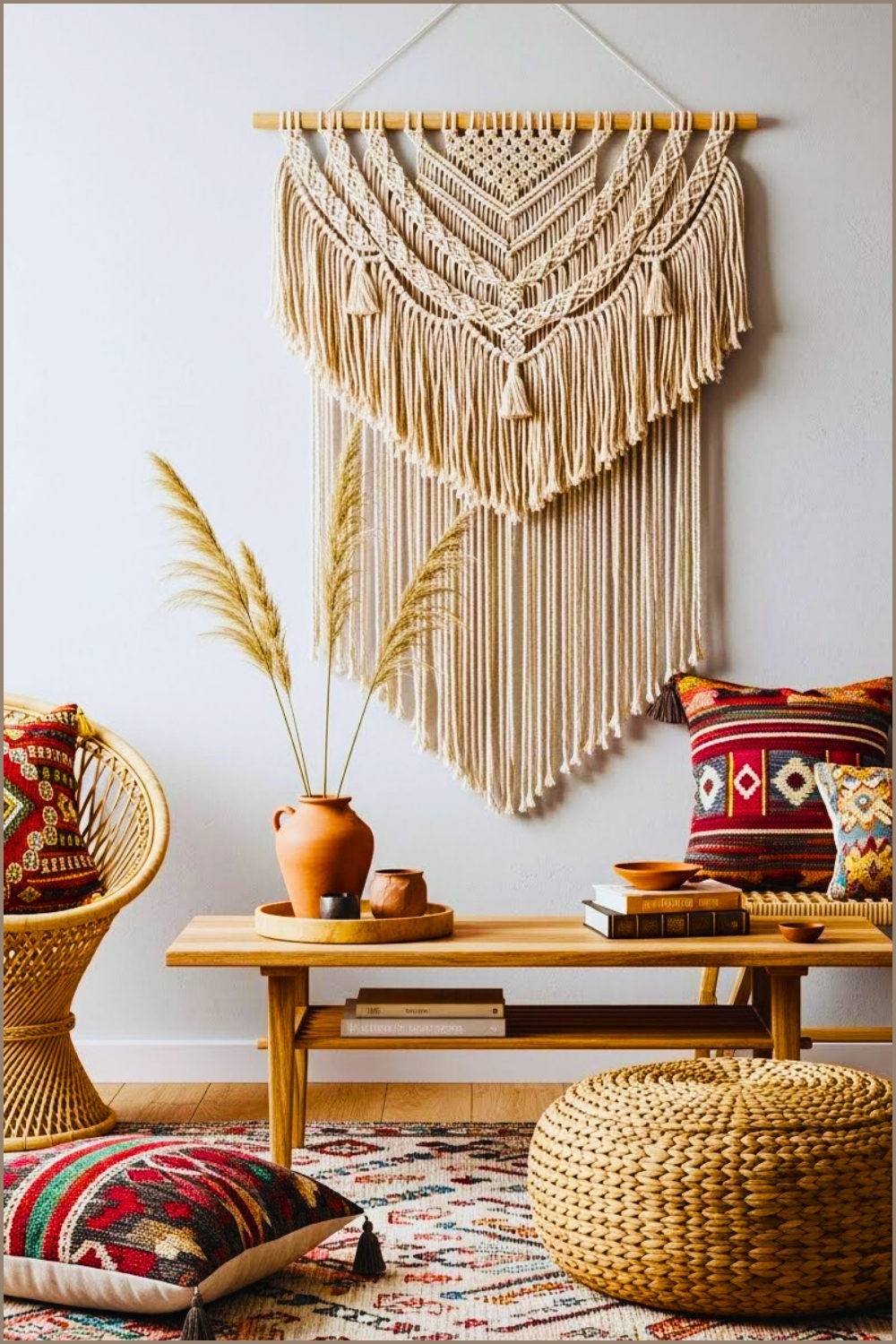 Rattan Armchair With Bold Colorful Cushions Moroccan Inspired Patterned