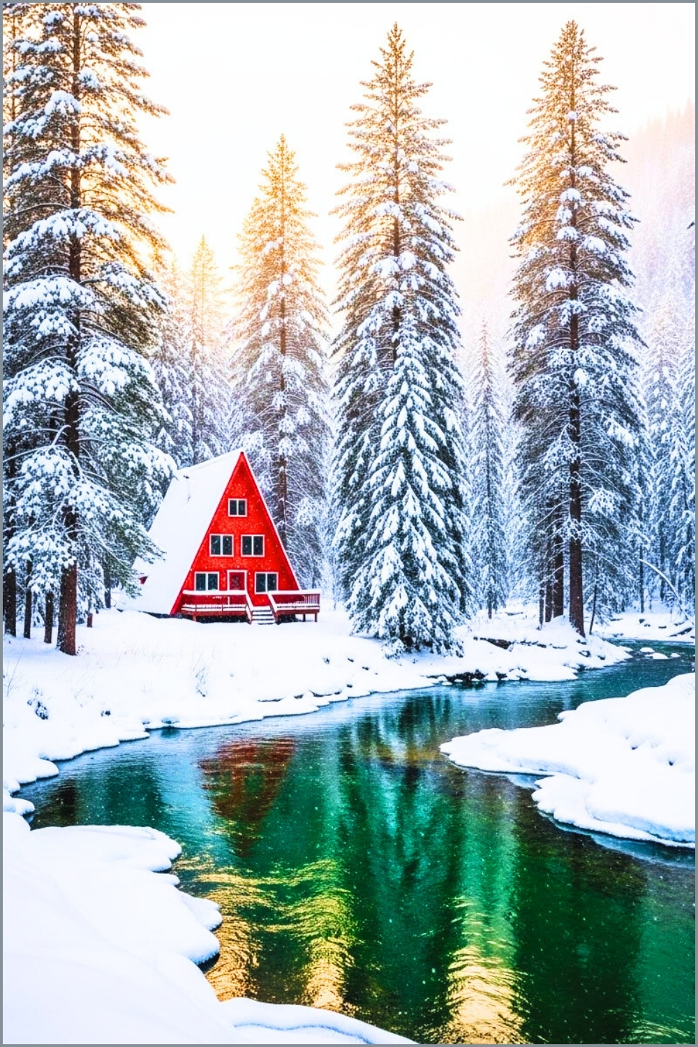 Red A-frame Cabin In Snowy Forest Tall Pine Trees