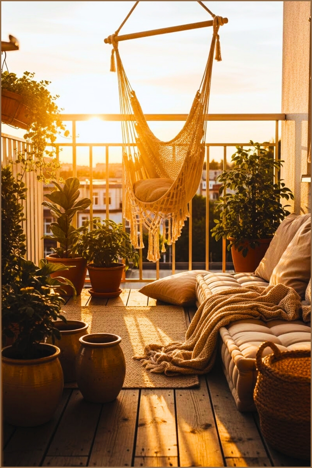 Relaxing Boho Balcony With Macrame Hammock Warm Golden
