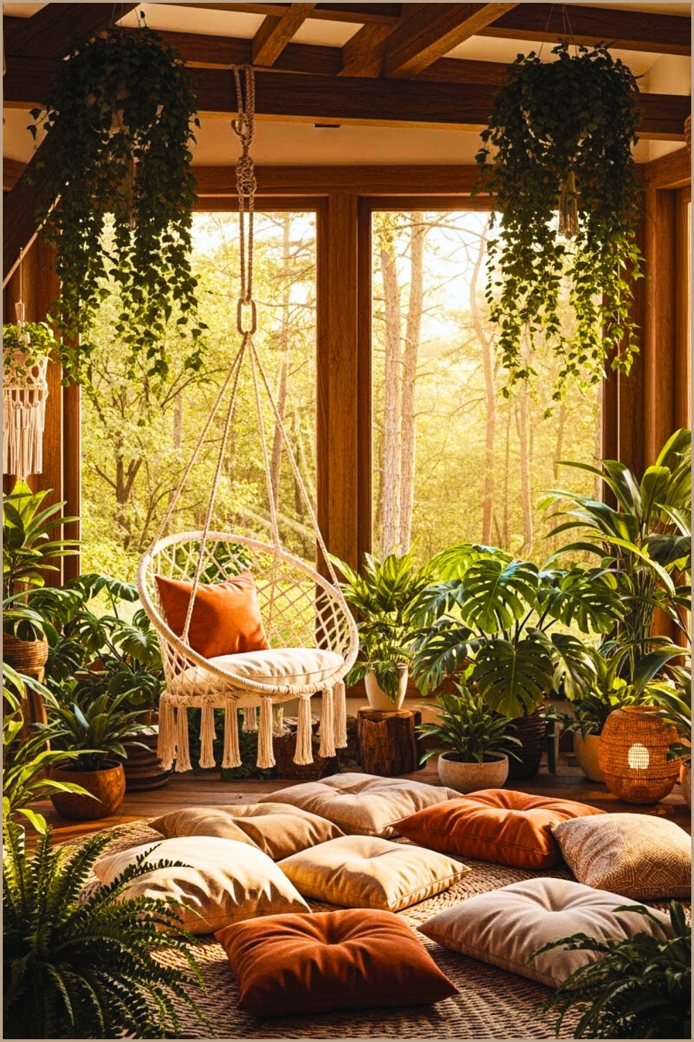 Relaxing Boho Lounge Space, Low Round Cushions On Woven Rug