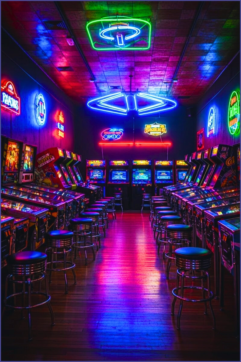 Retro Arcade Room Interior, Glowing Pinball Machines