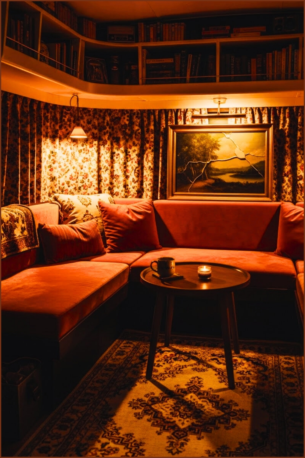 Retro Camper Lounge, Burnt Orange Velvet Cushions And Sofa
