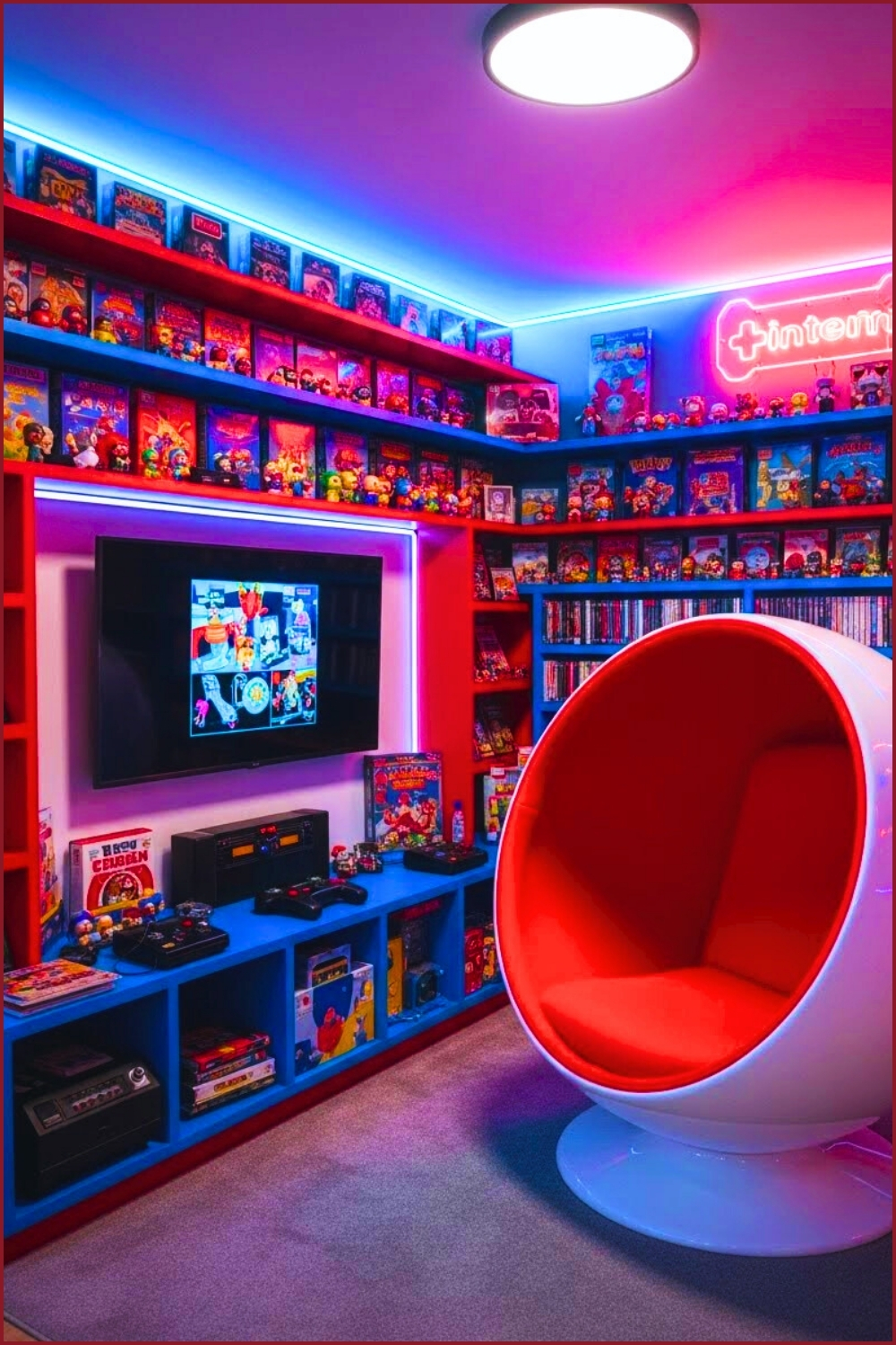 Retro Gaming Room Interior, Colorful Display Shelves Filled