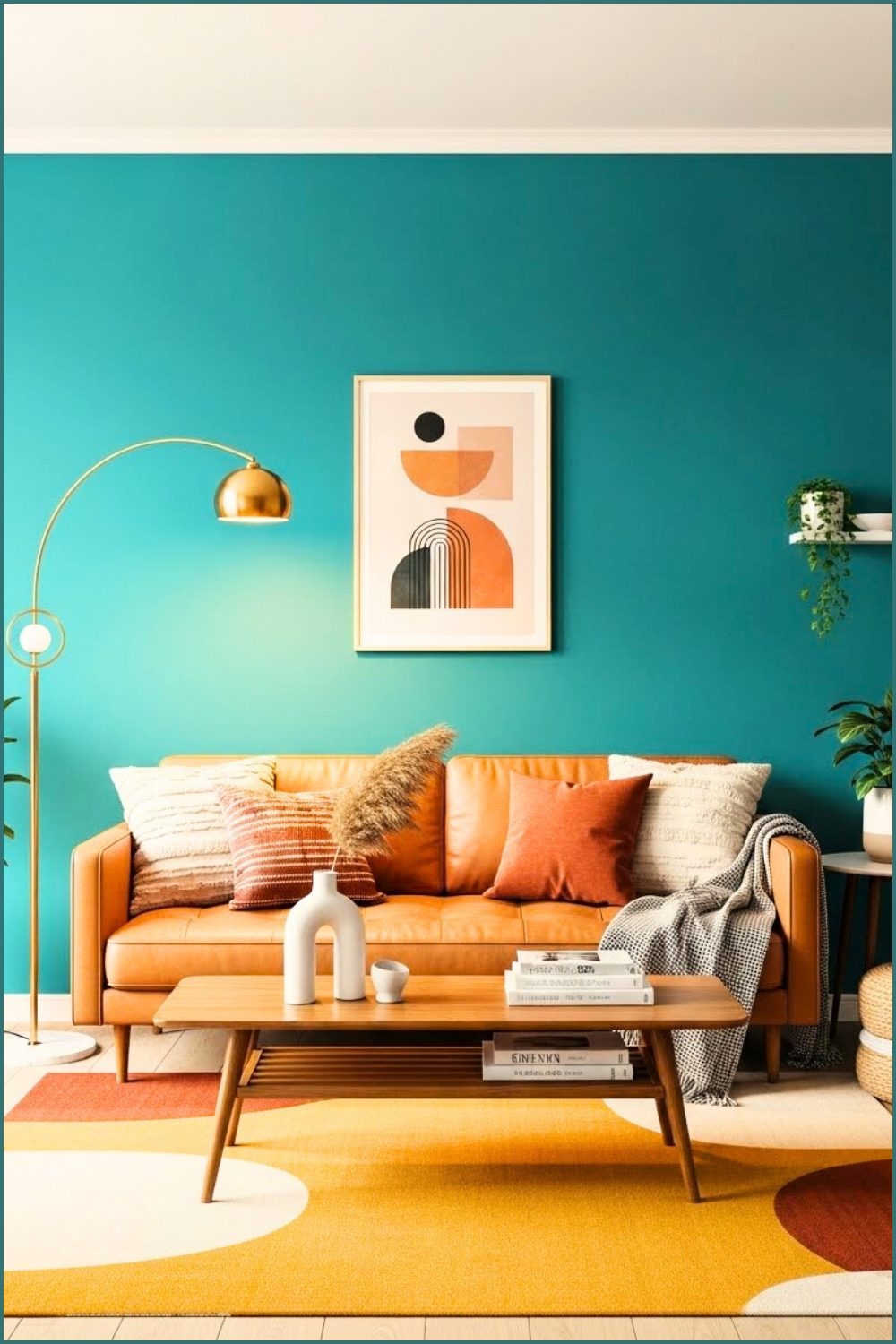 Retro Modern Boho Space With Teal Wall Tan Leather Sofa