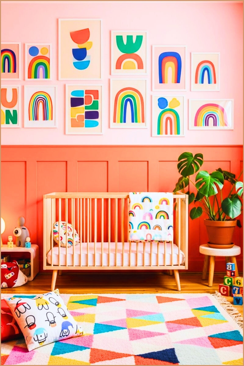 Retro Playful Nursery Design, Coral Wall Paneling