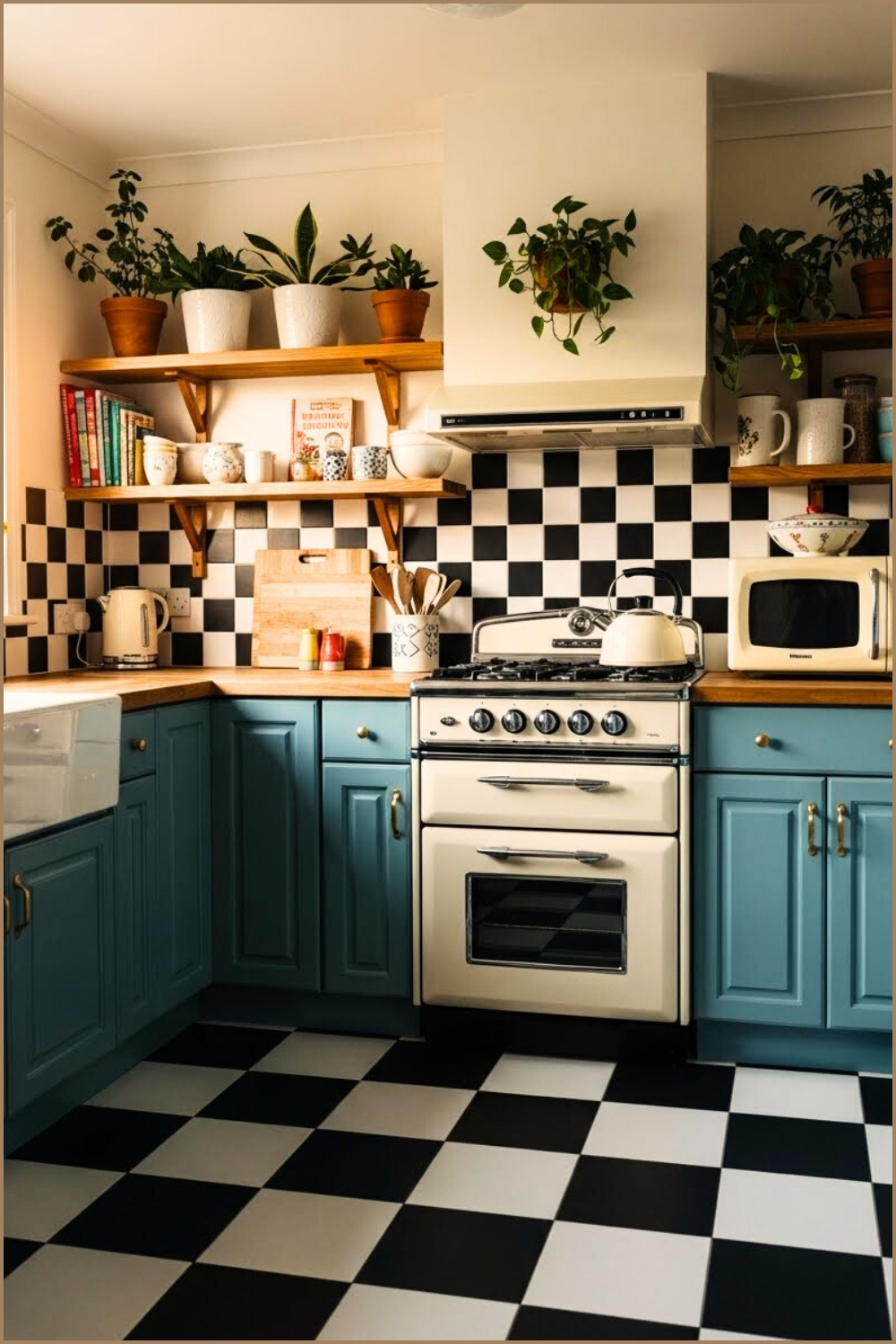 Retro Vintage Kitchen Teal Cabinets Black And White