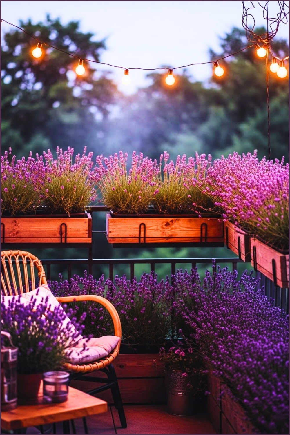 Romantic Balcony Lined With Overflowing Lavender Planters