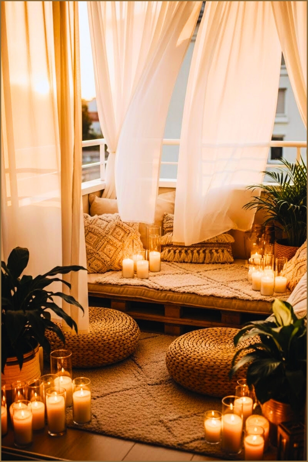 Romantic Boho Balcony Nook, White Sheer Curtains Flowing In Breeze