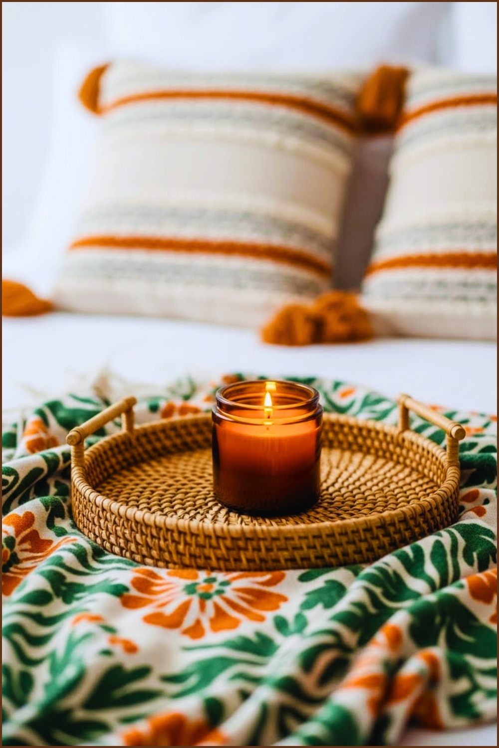 Romantic Boho Bedroom Close Up Amber Candle On Woven Tray