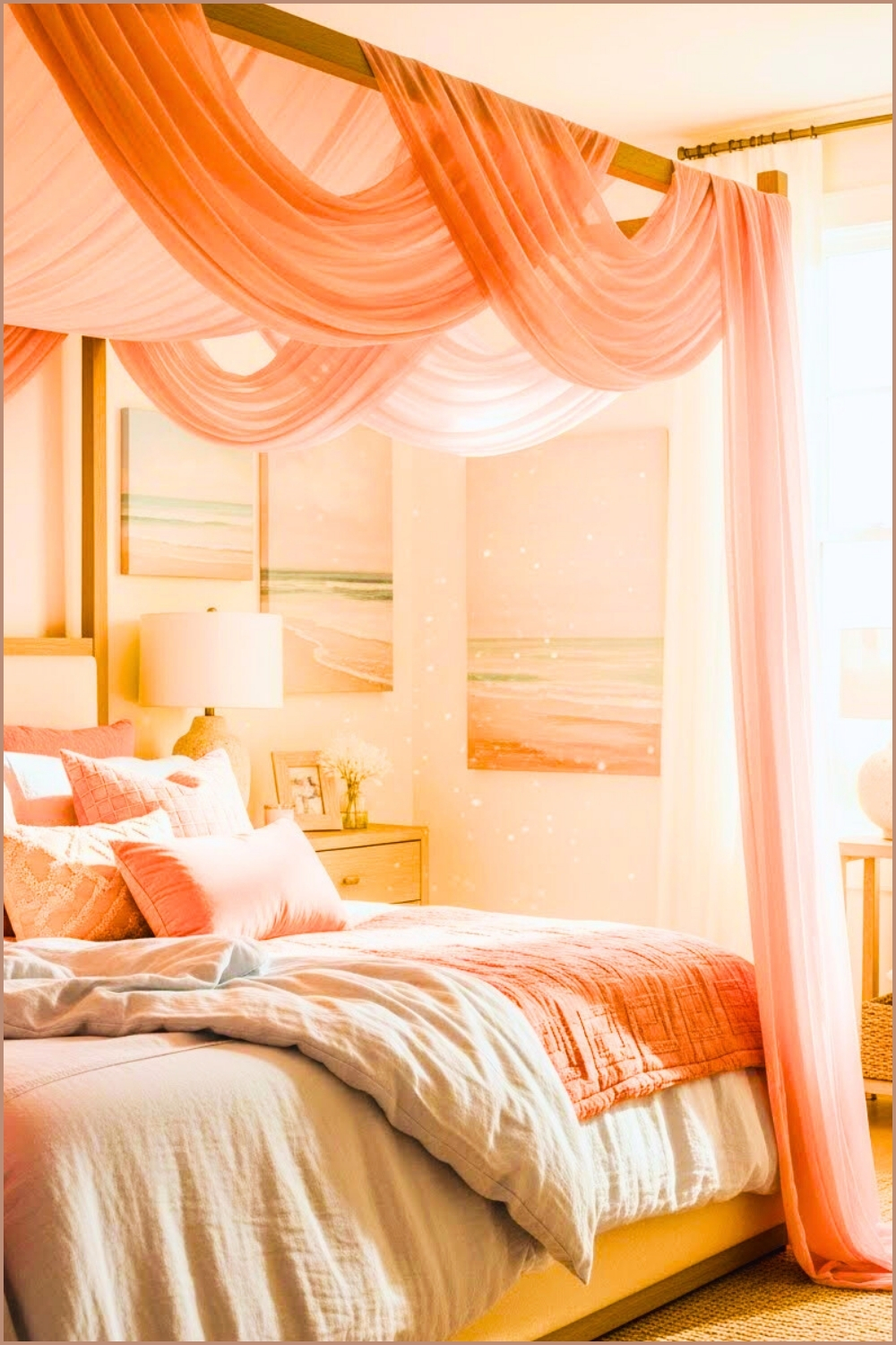Romantic Canopy Bedroom Pastel Pink Draped Fabric On Frame