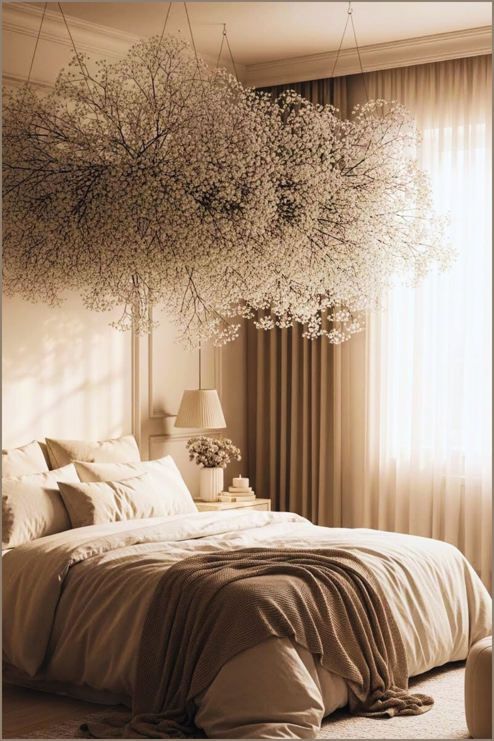 Romantic Dreamy Neutral Bedroom, Clouds Of White Baby's Breath Flowers