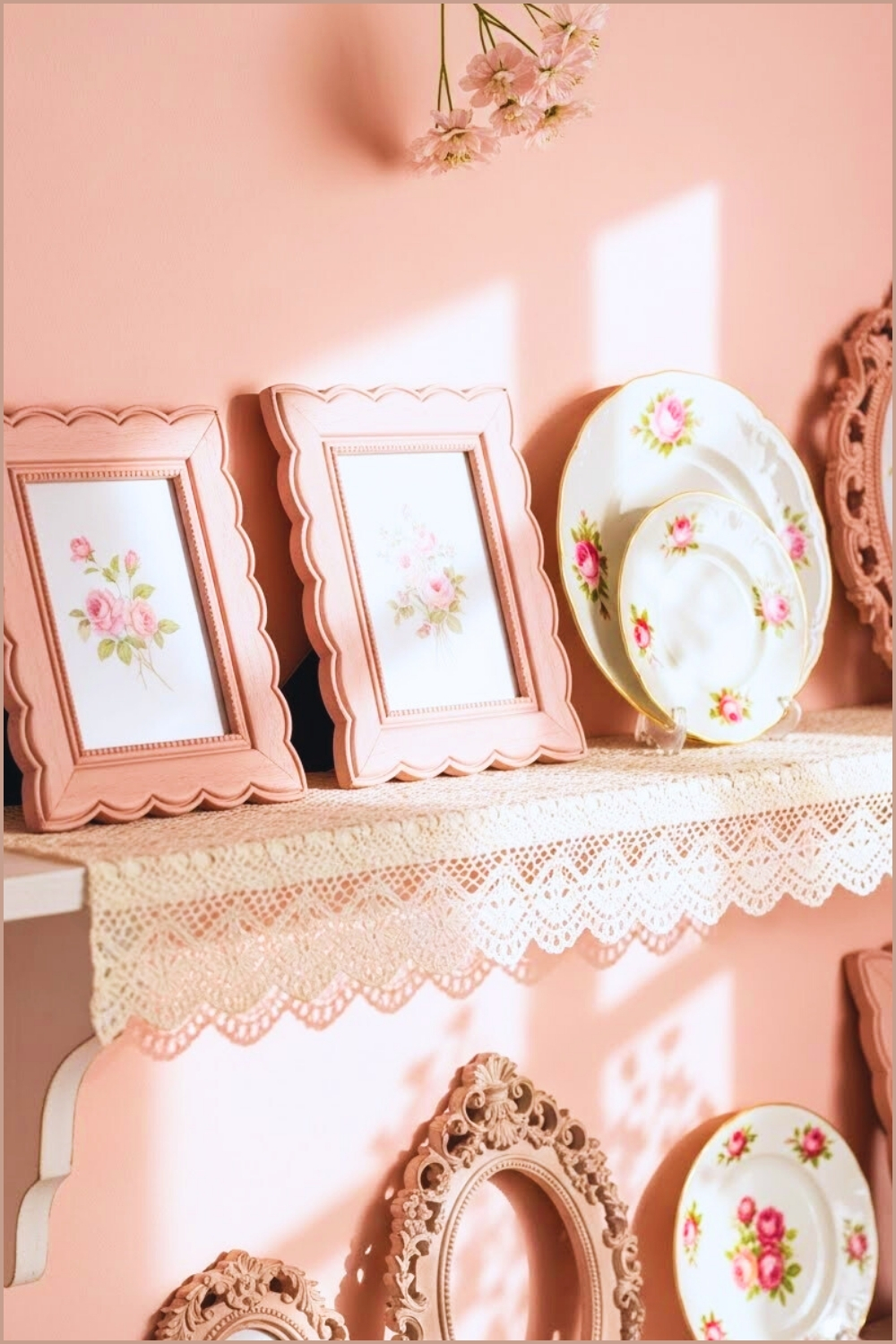Romantic French Country Shelf Decor In Soft Blush Pink Tones