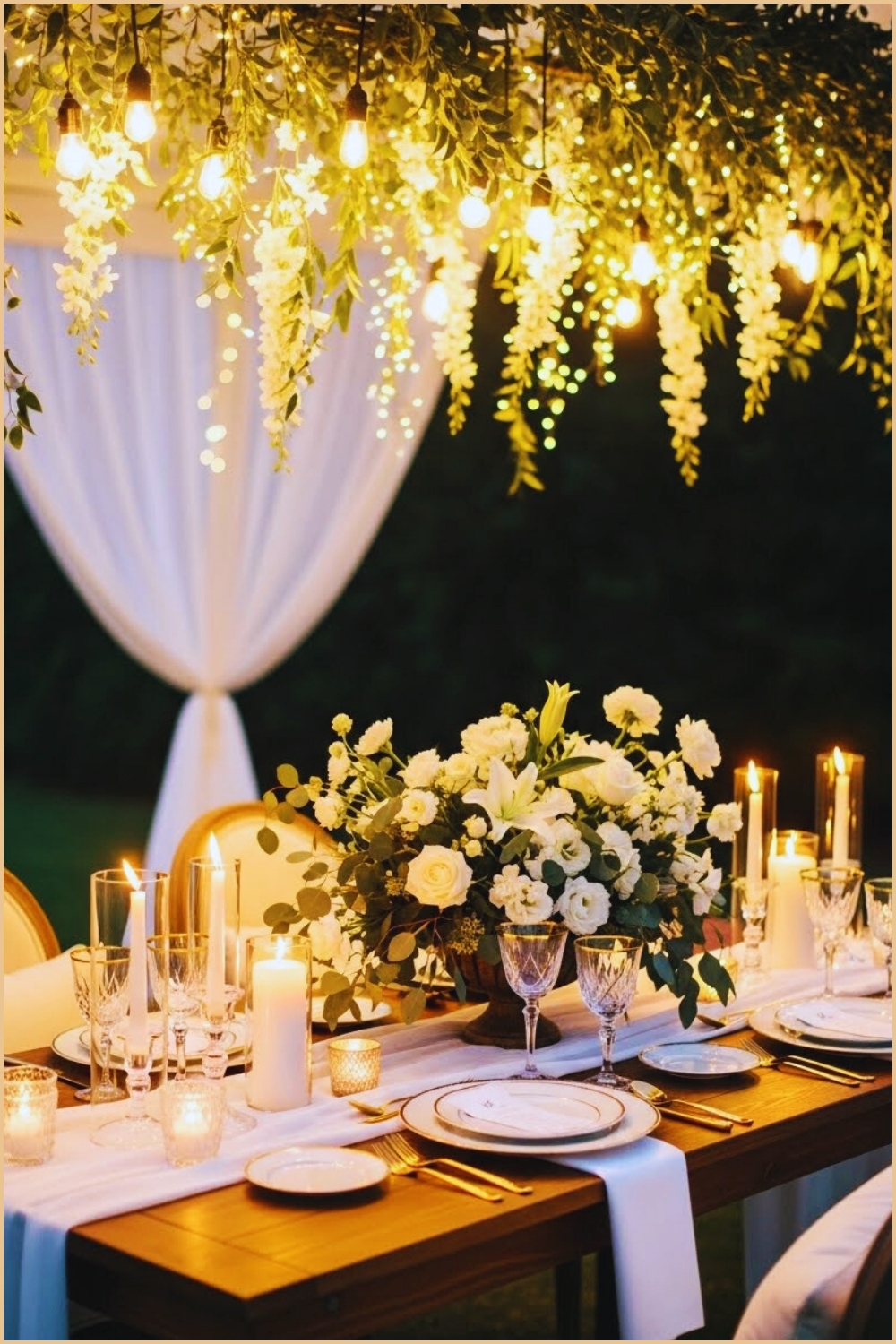 Romantic Outdoor Dinner Setup Under Twinkle