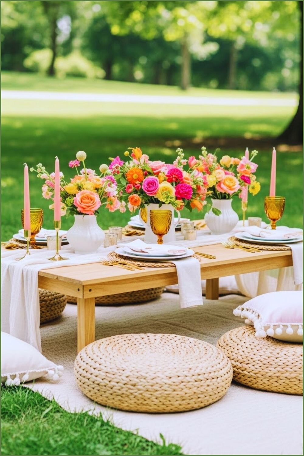 Romantic Outdoor Picnic Tablescape In A Lush Green Park
