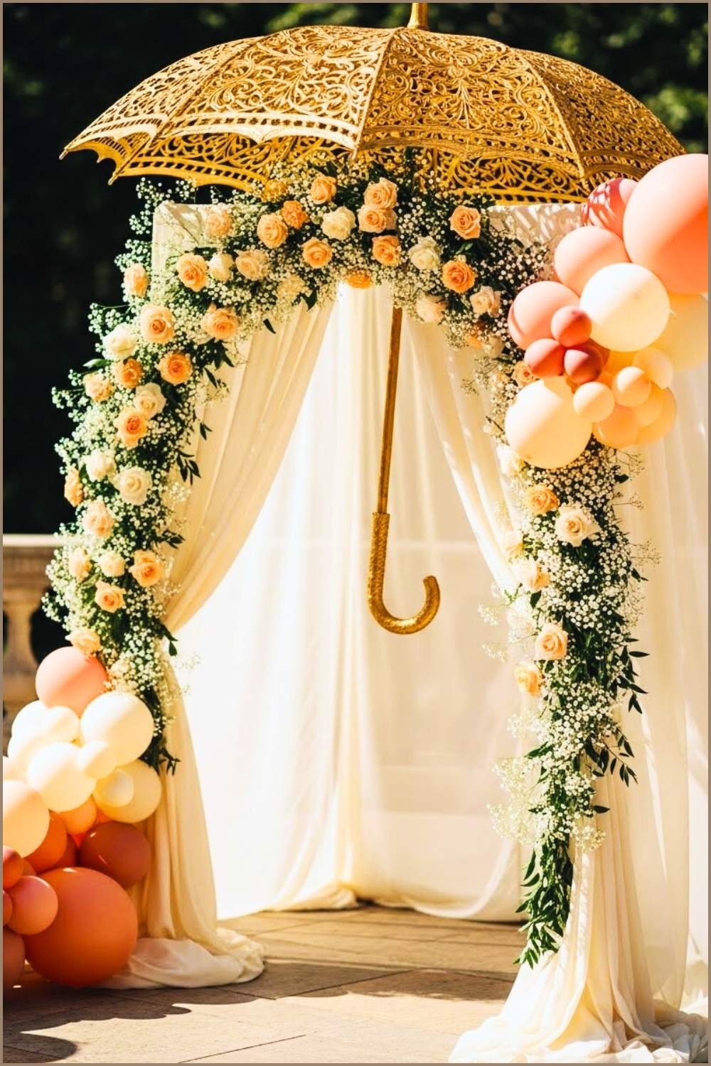 Romantic Peach Wedding Canopy With Ornate Golden Umbrella