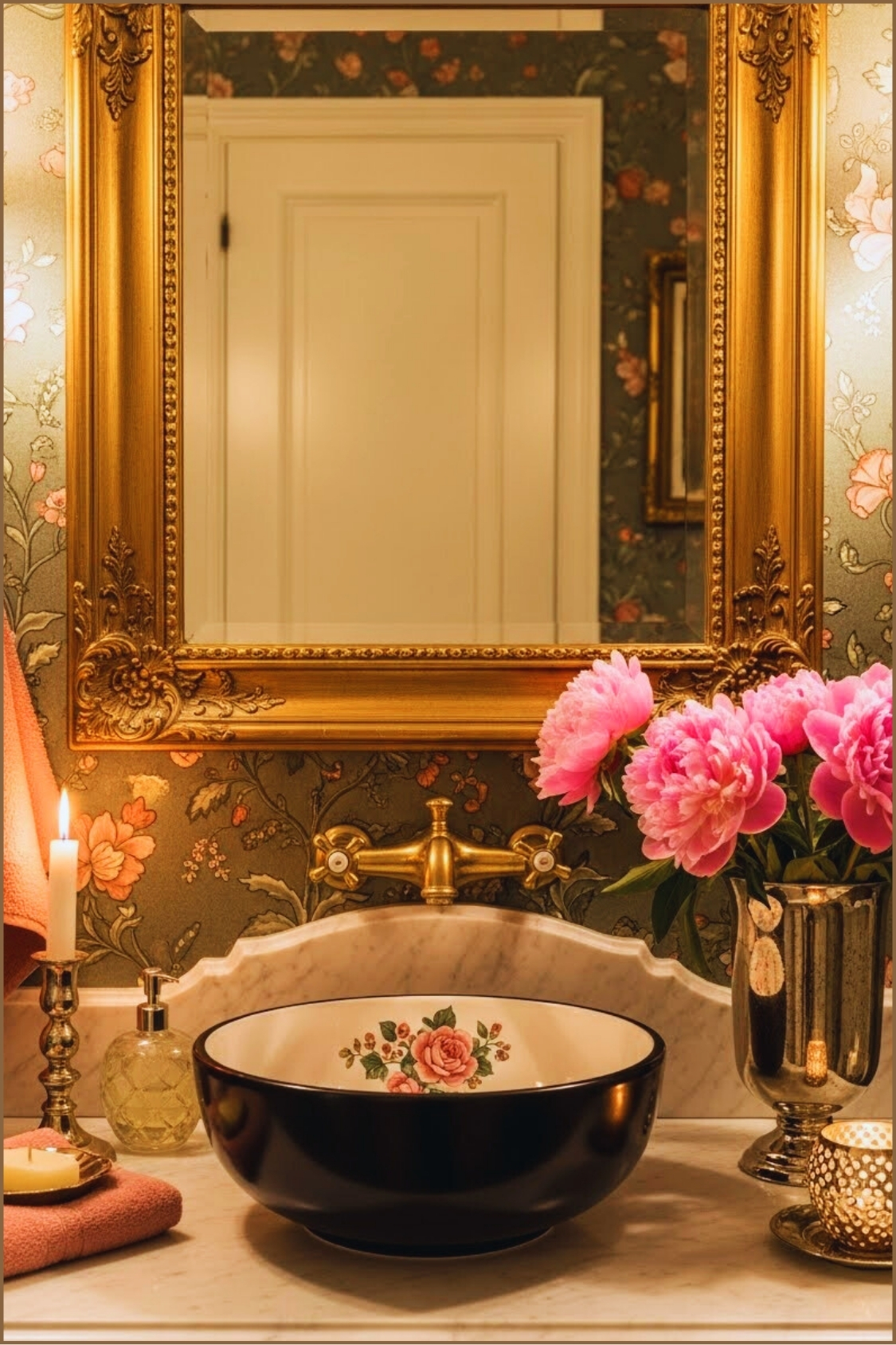 Romantic Vintage Bathroom Vignette With Ornate Antique