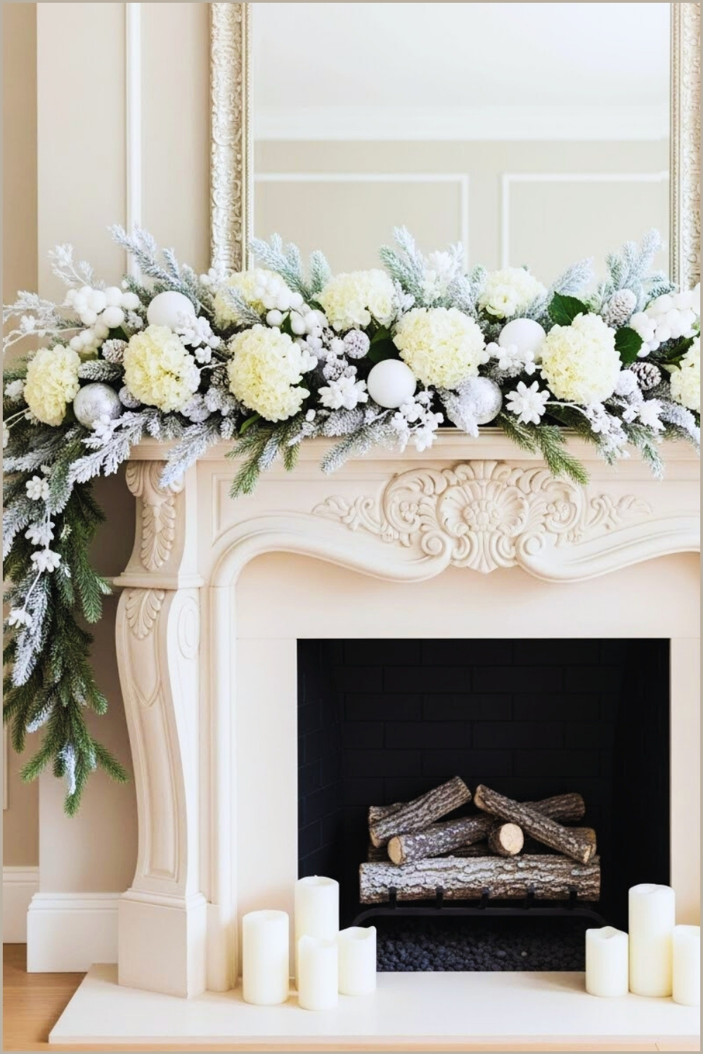 Romantic Winter Fireplace Mantel Decorated With Lush White Hydrangeas