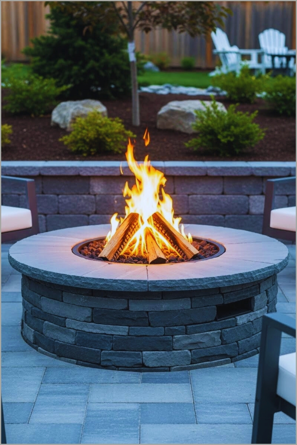 Round Stacked Slate Fire Pit With Layered Dark Stone Base