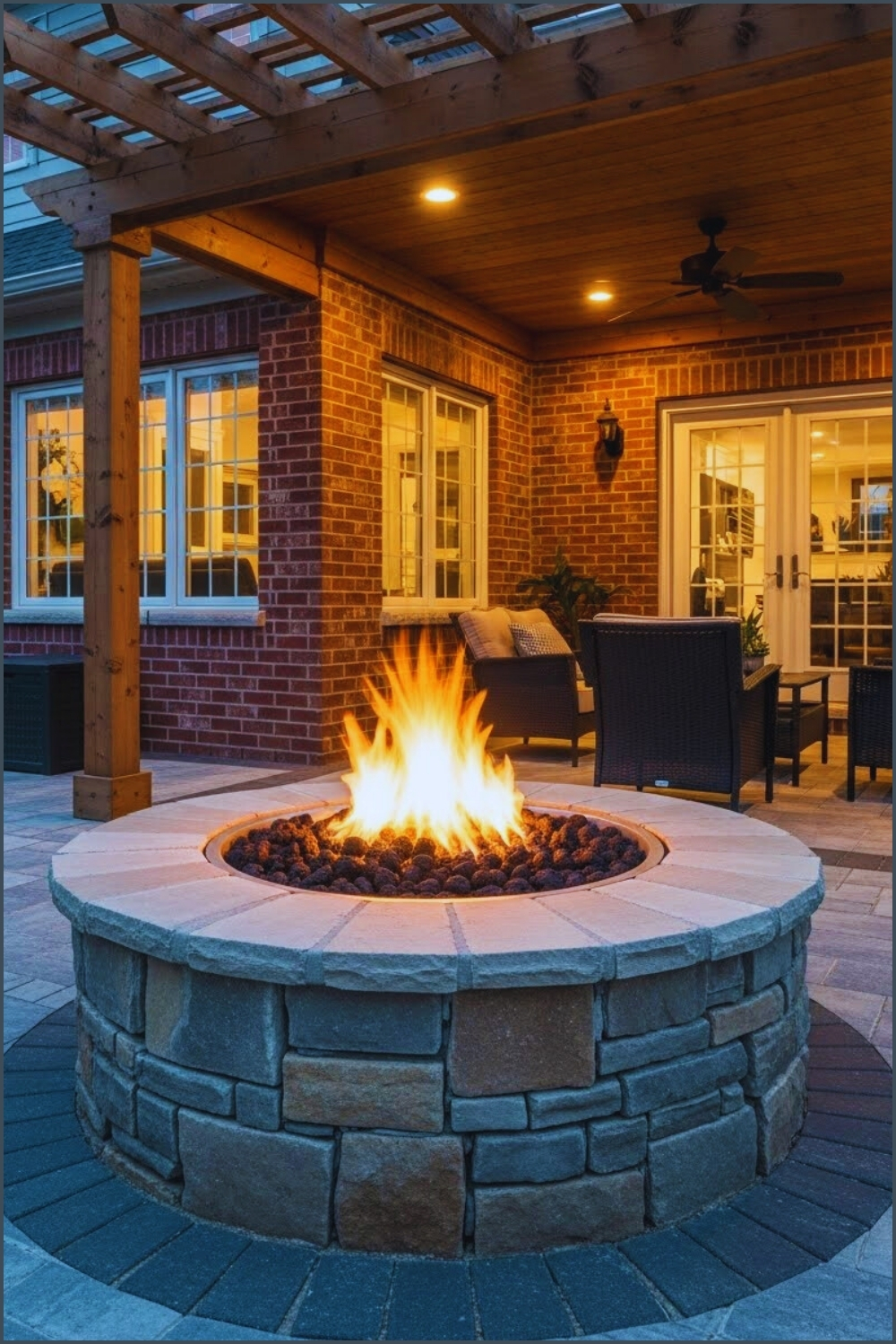 Round Stone Fire Pit With Natural Stacked Stone Base And Smooth