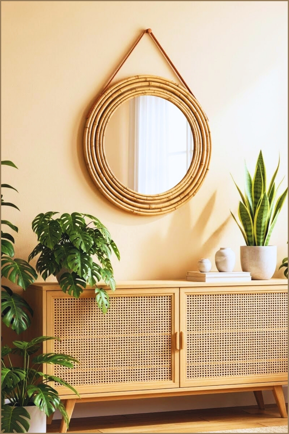 Round Wall Mirror With A Layered Natural Bamboo Frame