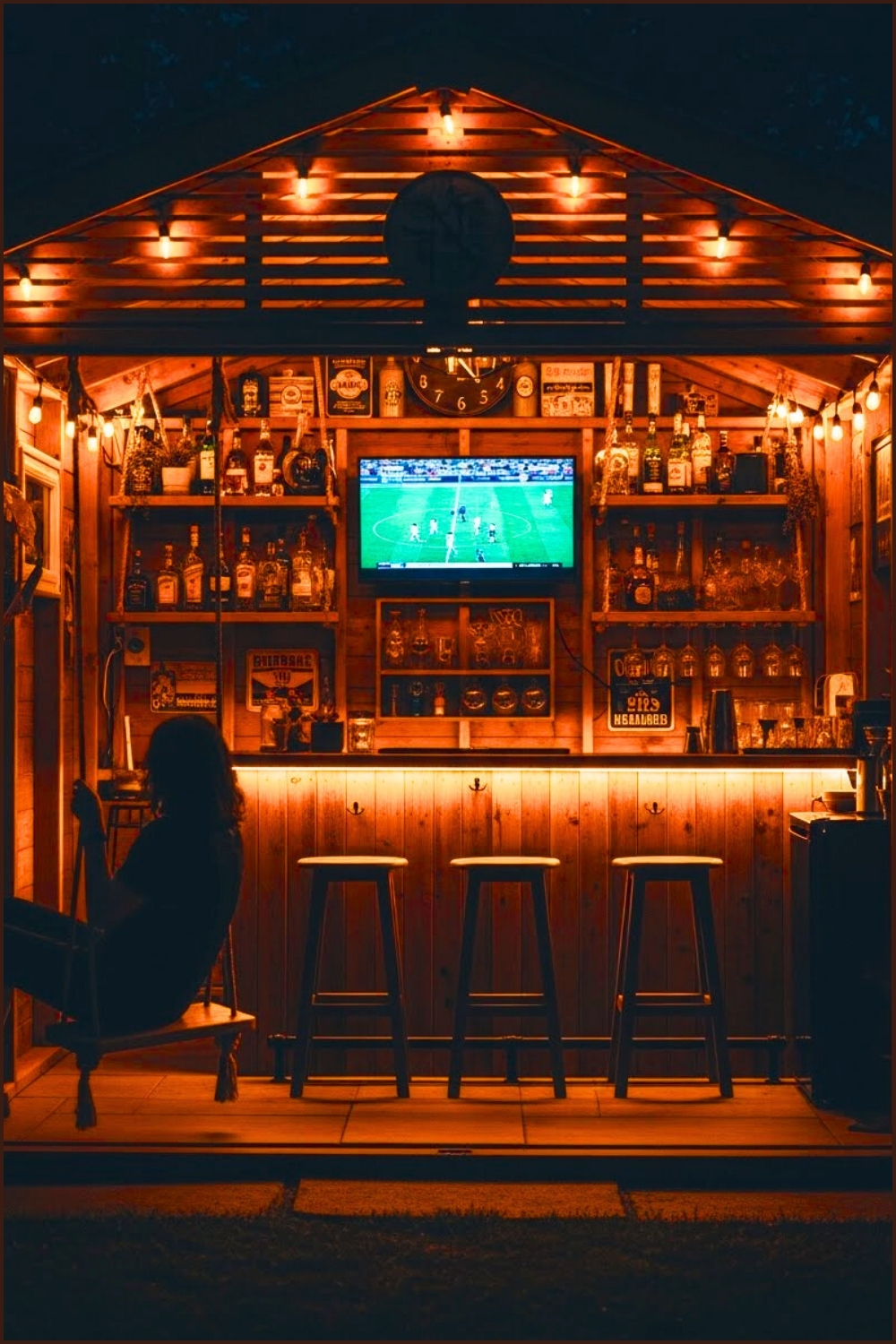 Rustic Backyard Bar Shed At Night, Warm String Lights