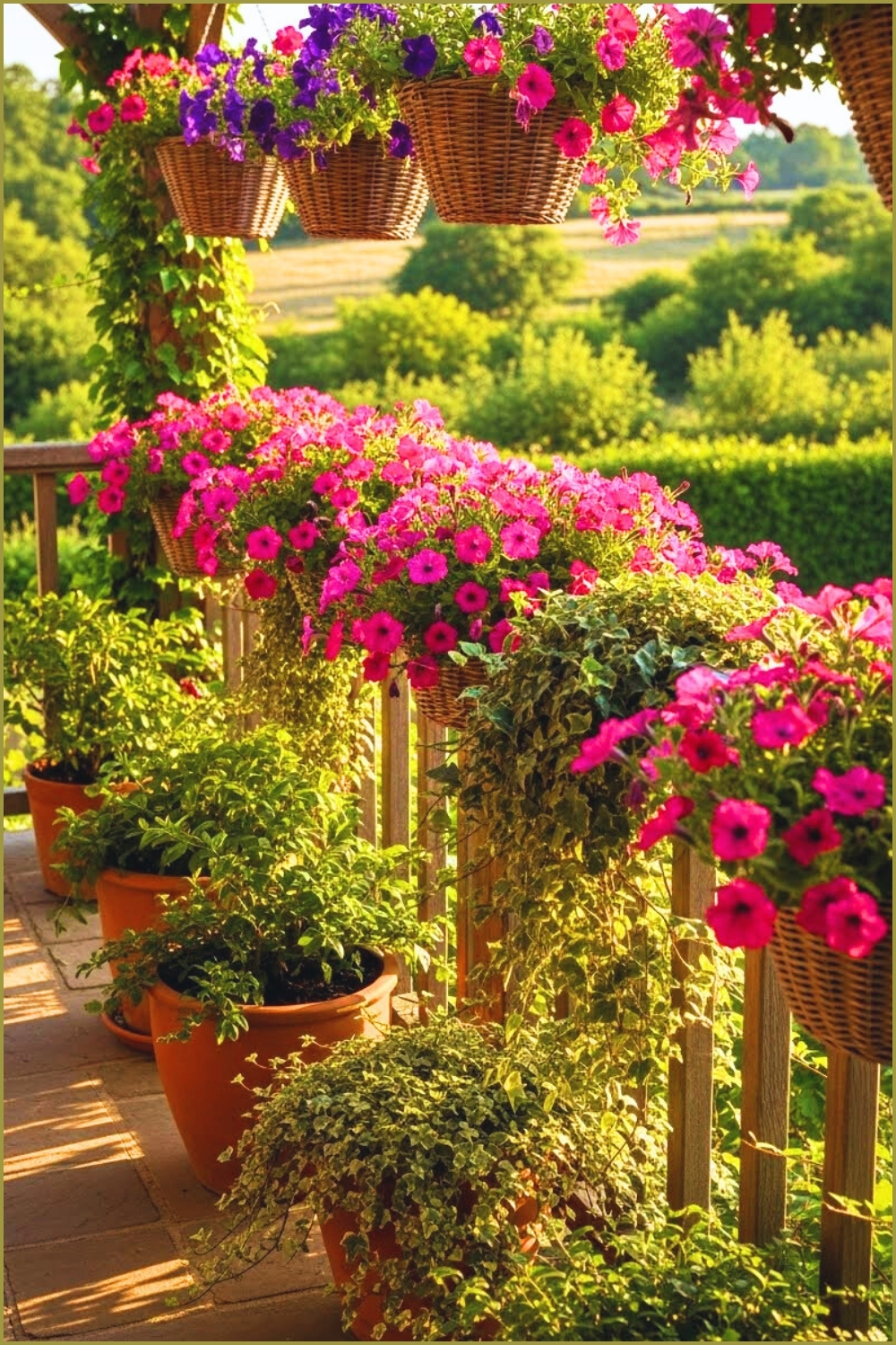 Rustic Balcony Overflowing With Hanging Wicker Baskets