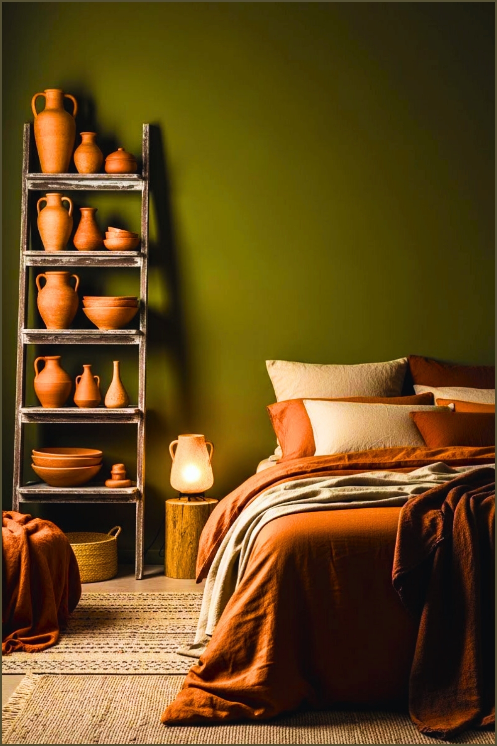 Rustic Bedroom With Dark Olive Green Wall Terracotta Pottery