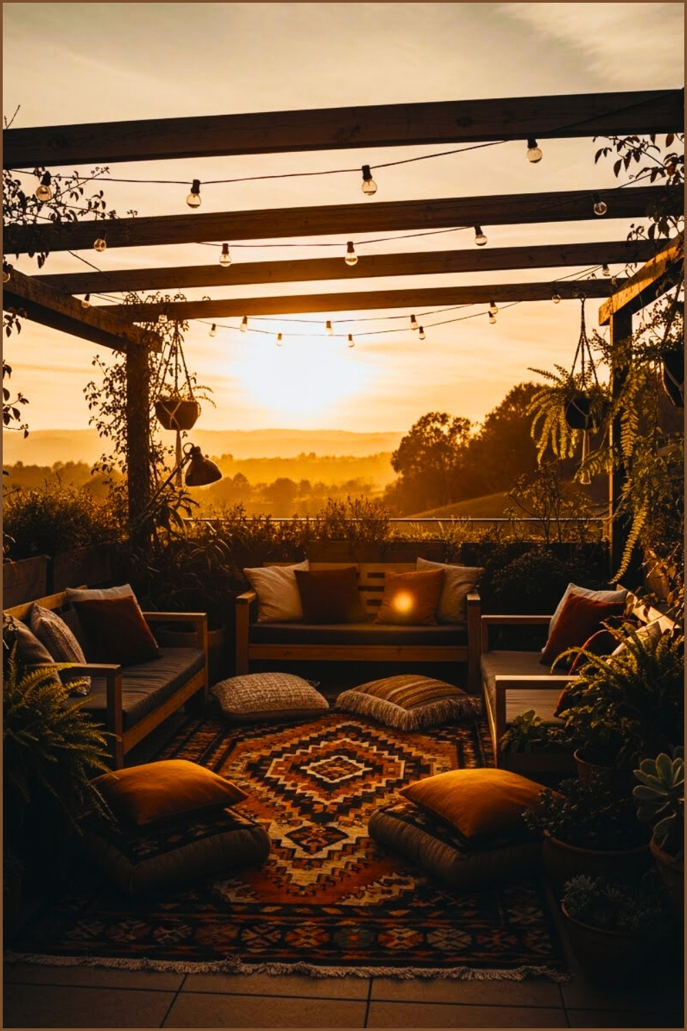 Rustic Bohemian Terrace With Sunset Light Wooden Seating Furniture